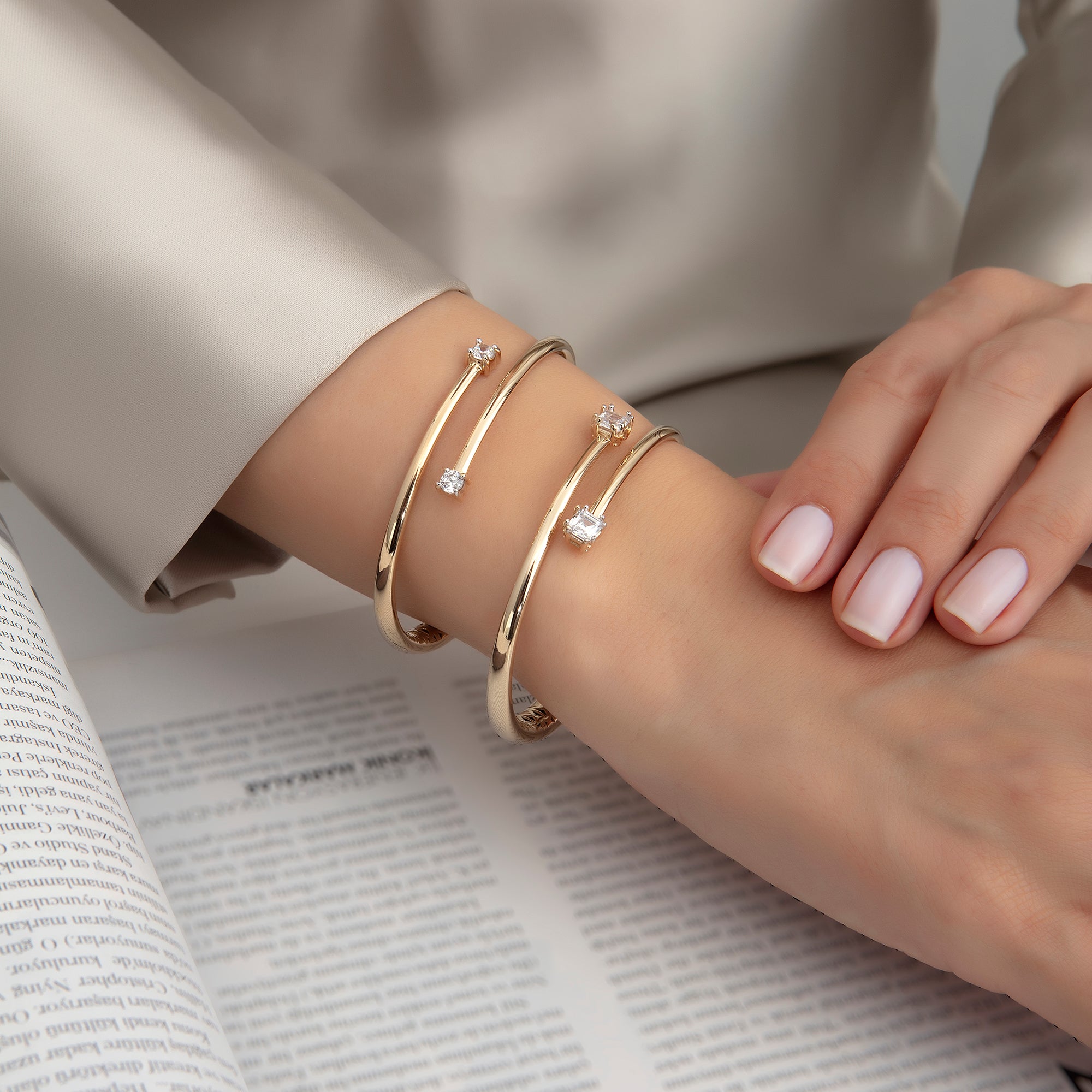 Two stone cubic zirconia bypass bangle in solid 14K & 18K gold — Kavseyn