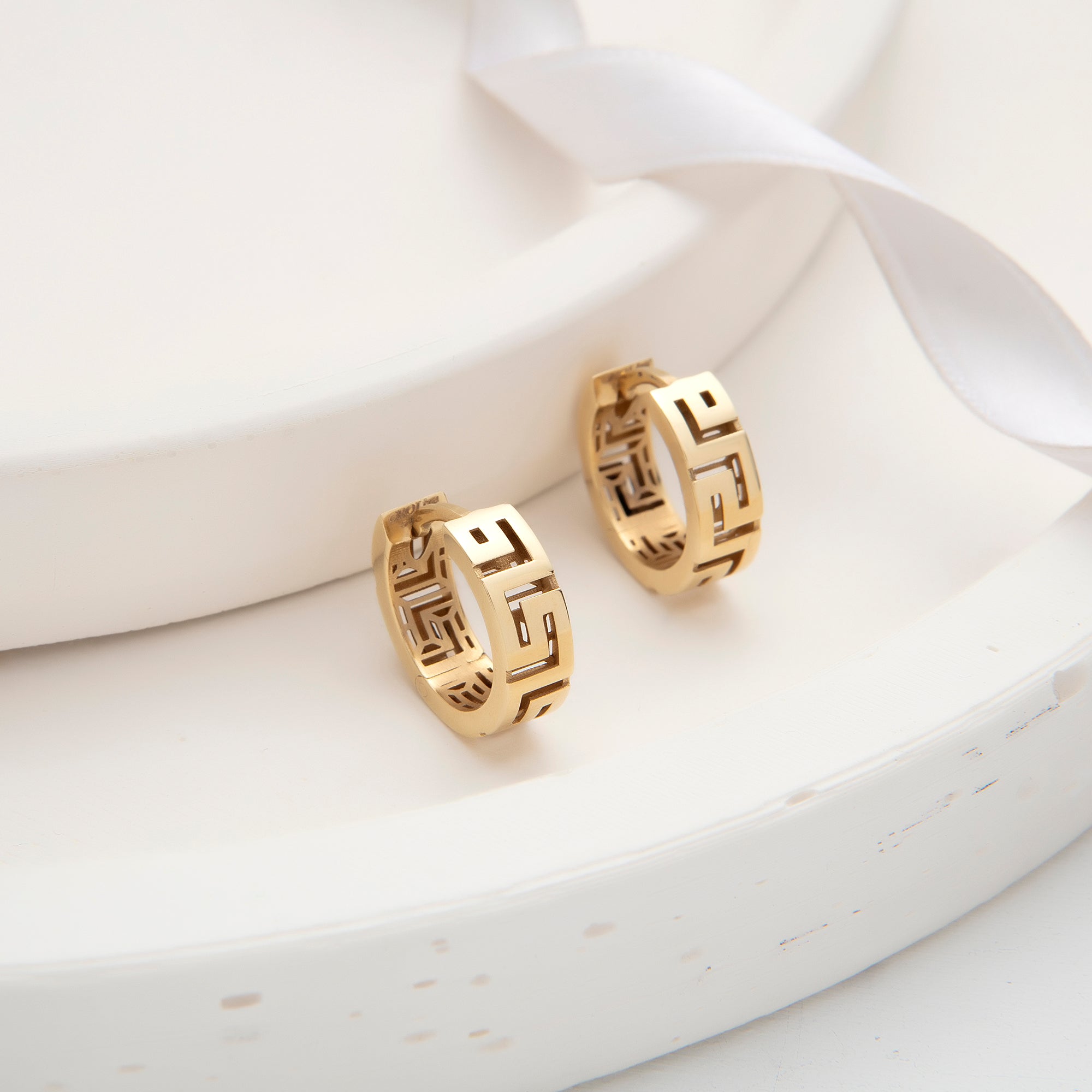 Greek key huggie hoop earrings in solid 14K & 18K gold — Kavseyn