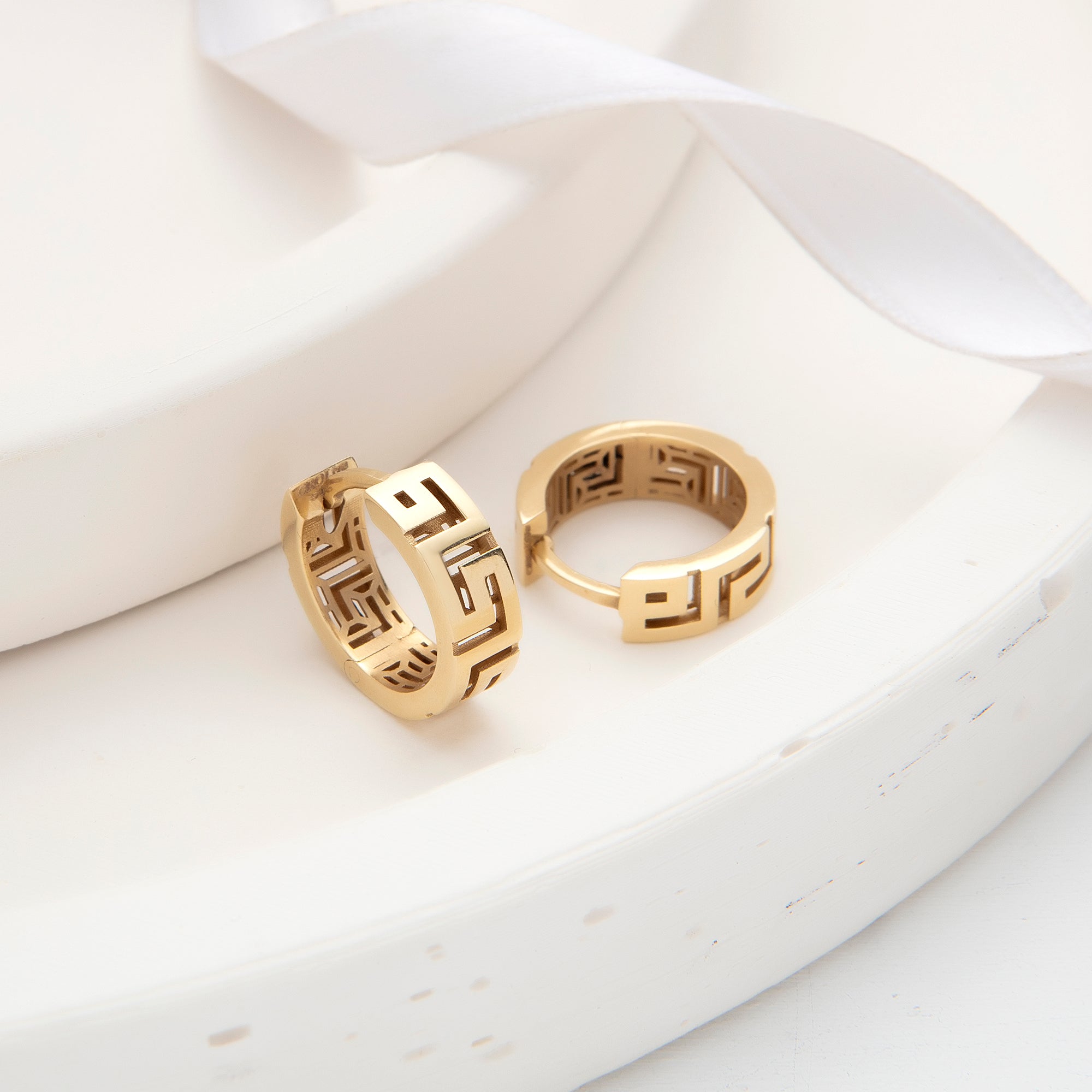Greek key huggie hoop earrings in solid 14K & 18K gold — Kavseyn