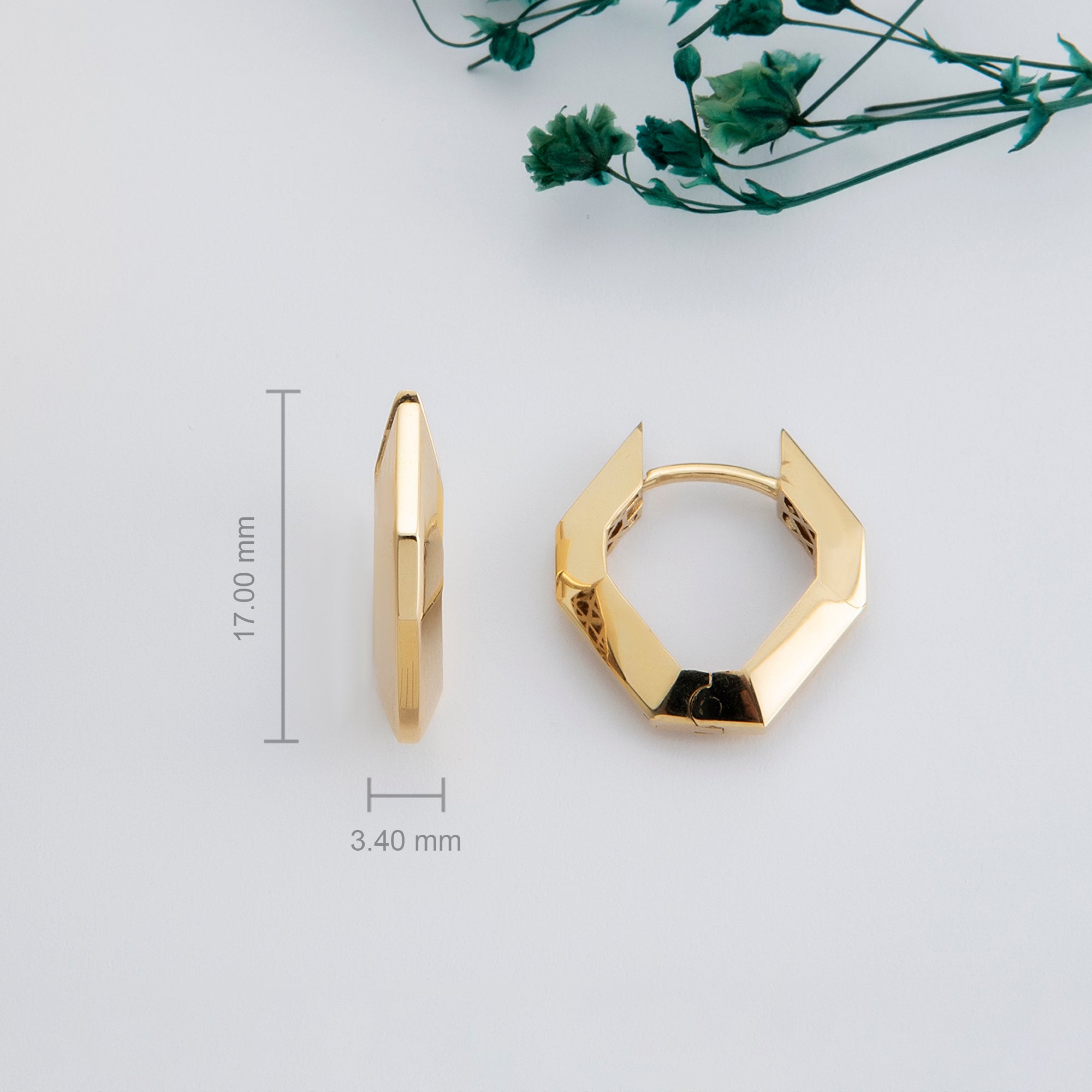 Faceted hexagon huggie hoop earrings in solid 14K & 18K gold — Kavseyn