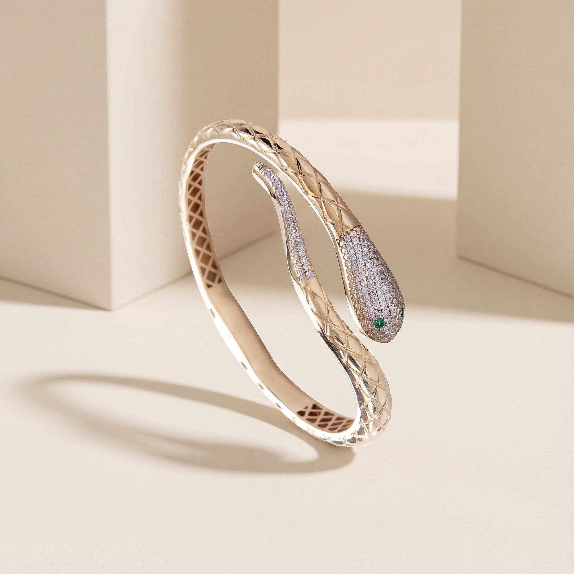 Pavé cubic zirconia snake bangle bracelet in solid 14K & 18K gold — Kavseyn