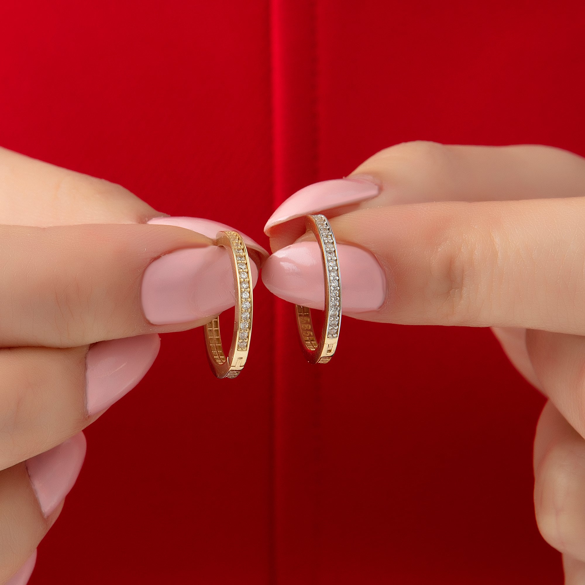 Pavé cubic zirconia huggie hoop earrings in solid 14K & 18K gold — Kavseyn