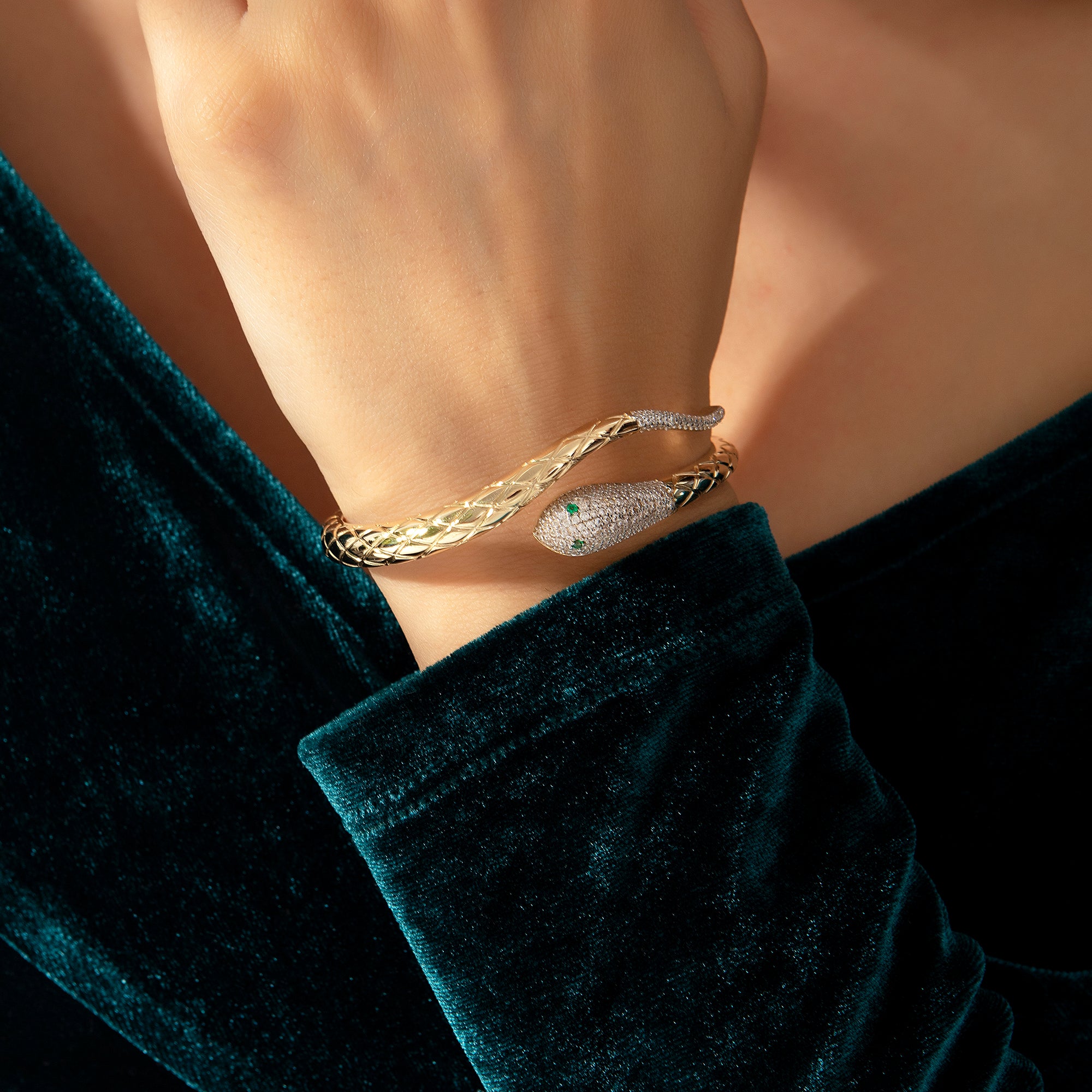 Pavé cubic zirconia snake bangle bracelet in solid 14K & 18K gold — Kavseyn