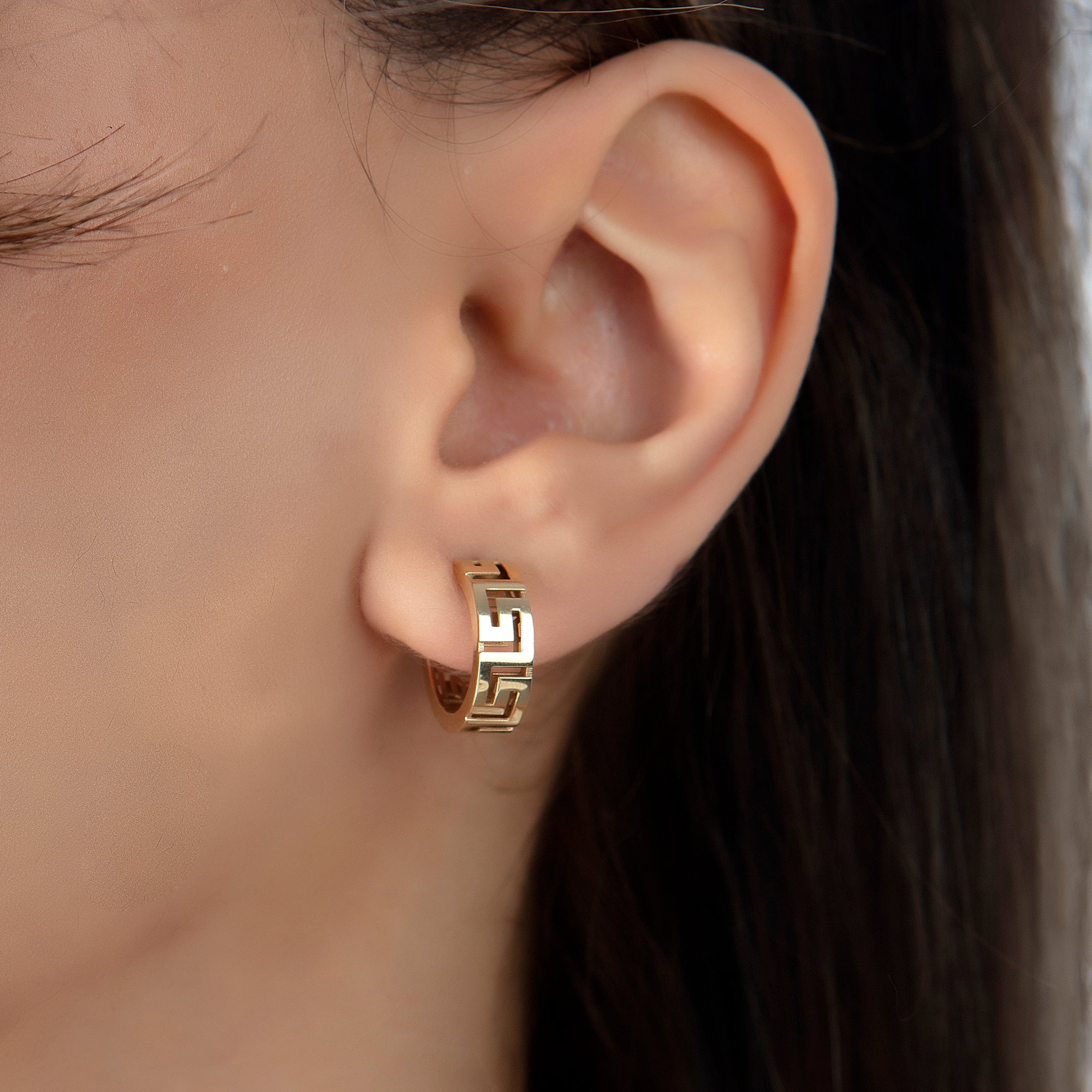 Greek key huggie hoop earrings in solid 14K & 18K gold — Kavseyn
