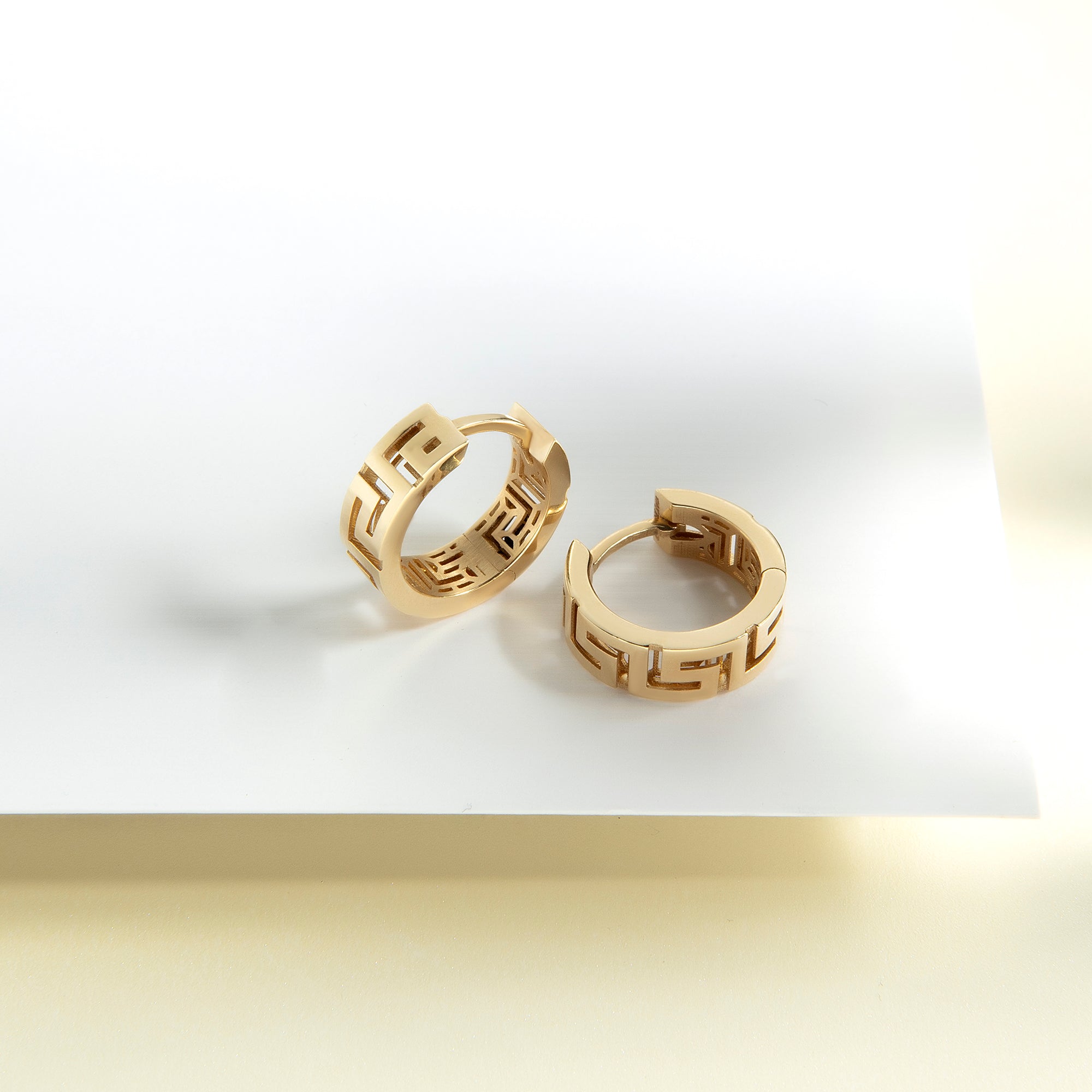 Greek key huggie hoop earrings in solid 14K & 18K gold — Kavseyn