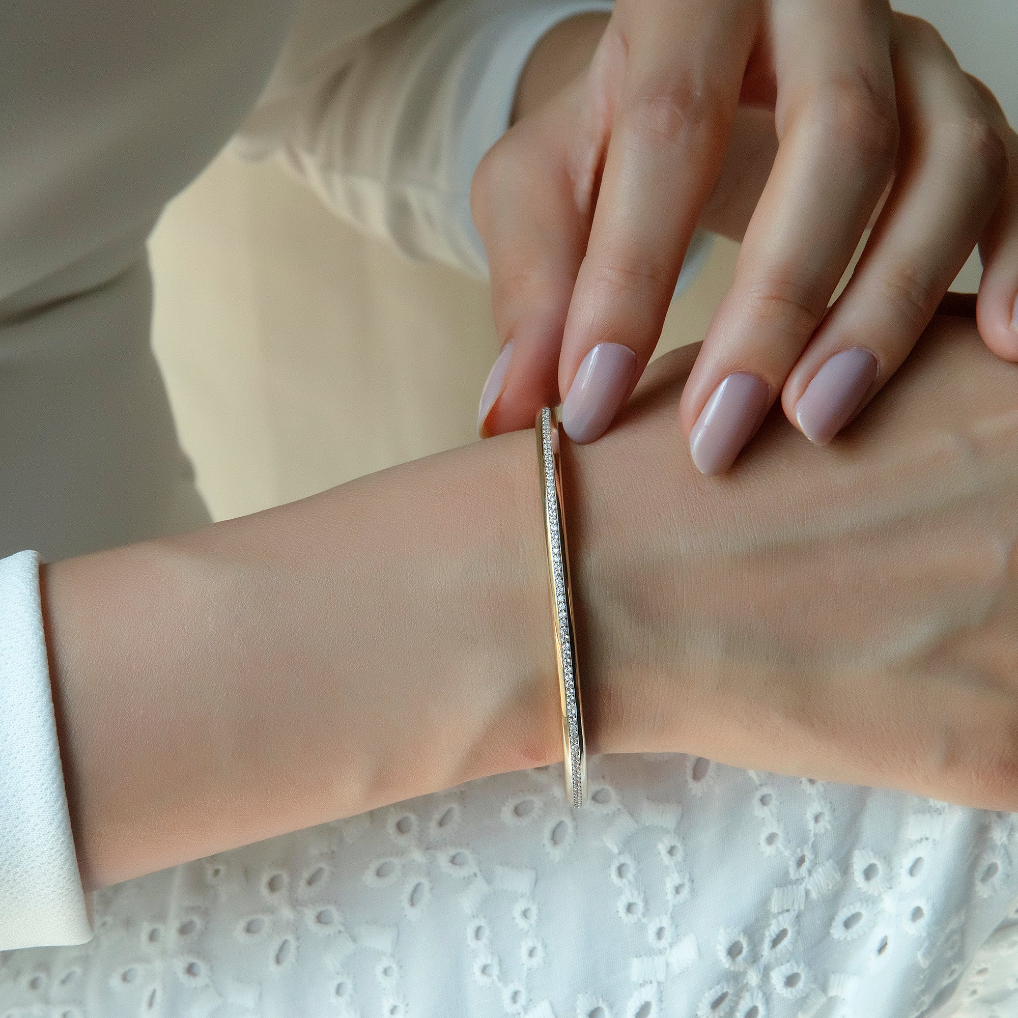 Pavé cubic zirconia eternity bangle bracelet in solid 14K & 18K gold — Kavseyn