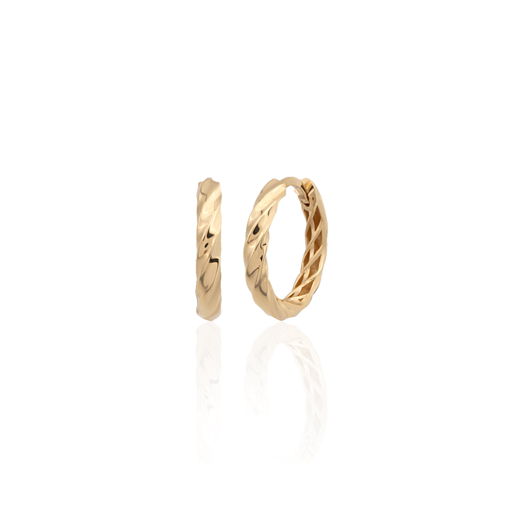 Twisted rope gold huggie hoops, detail view — Kavseyn