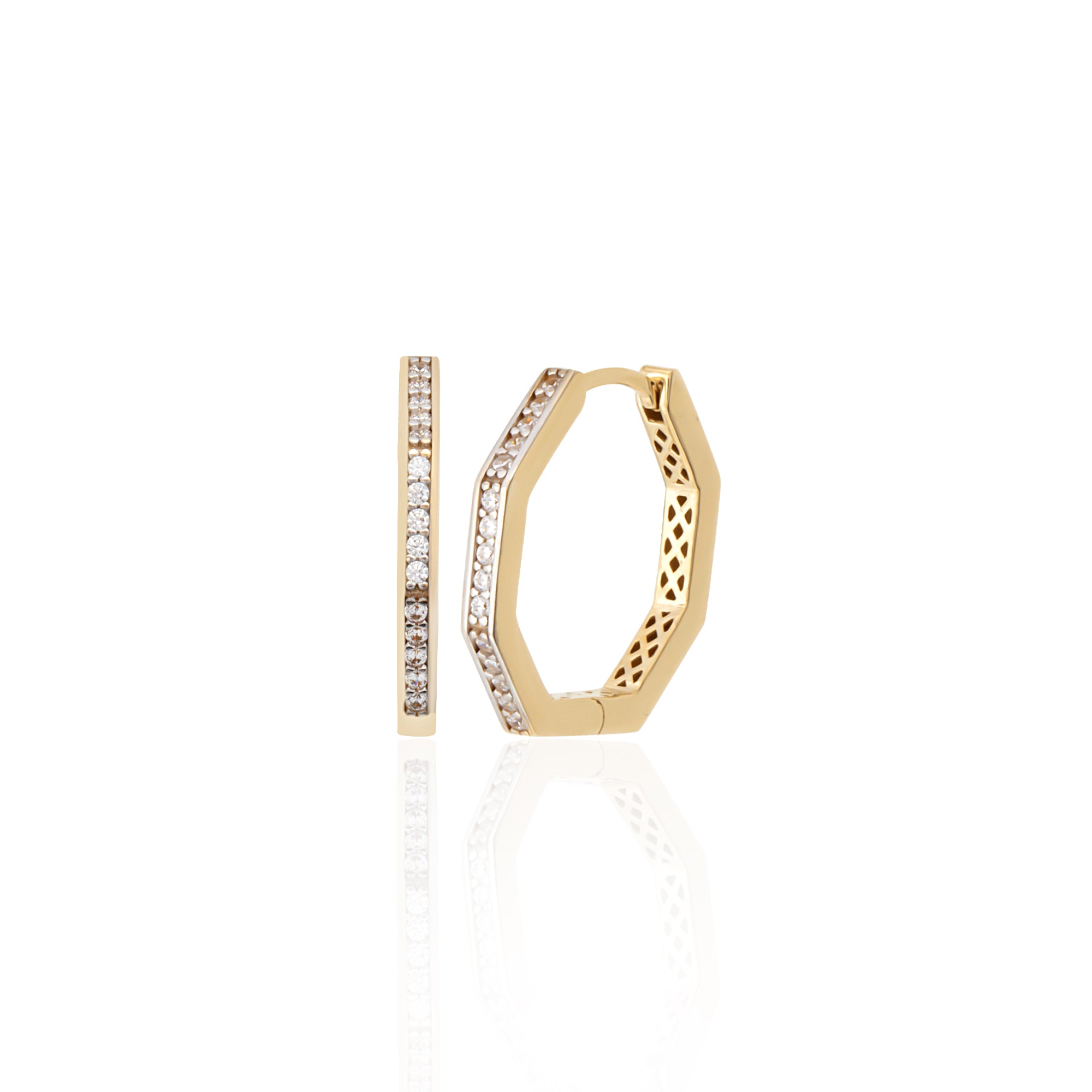 Pavé cubic zirconia octagon hoop earrings in solid 14K & 18K gold — Kavseyn