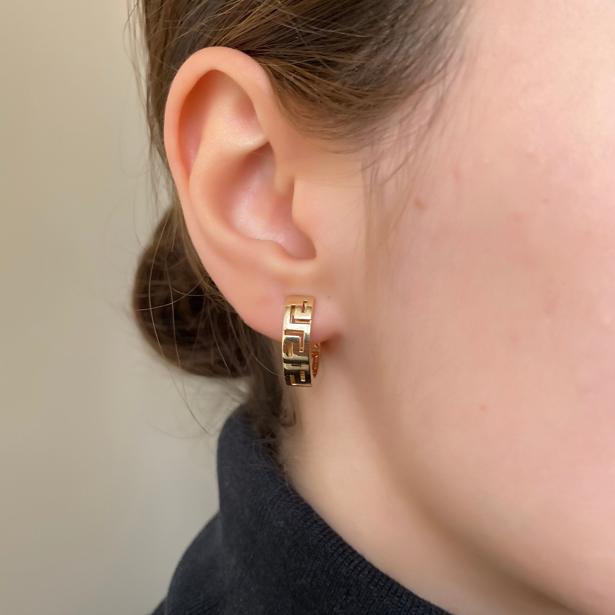 Greek key huggie hoop earrings in solid 14K & 18K gold — Kavseyn