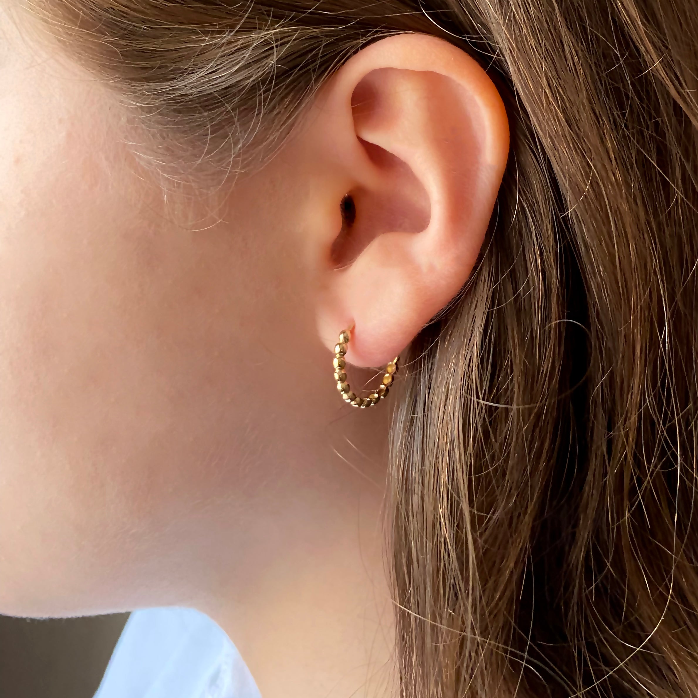Beaded gold hoop earrings, detail view — Kavseyn