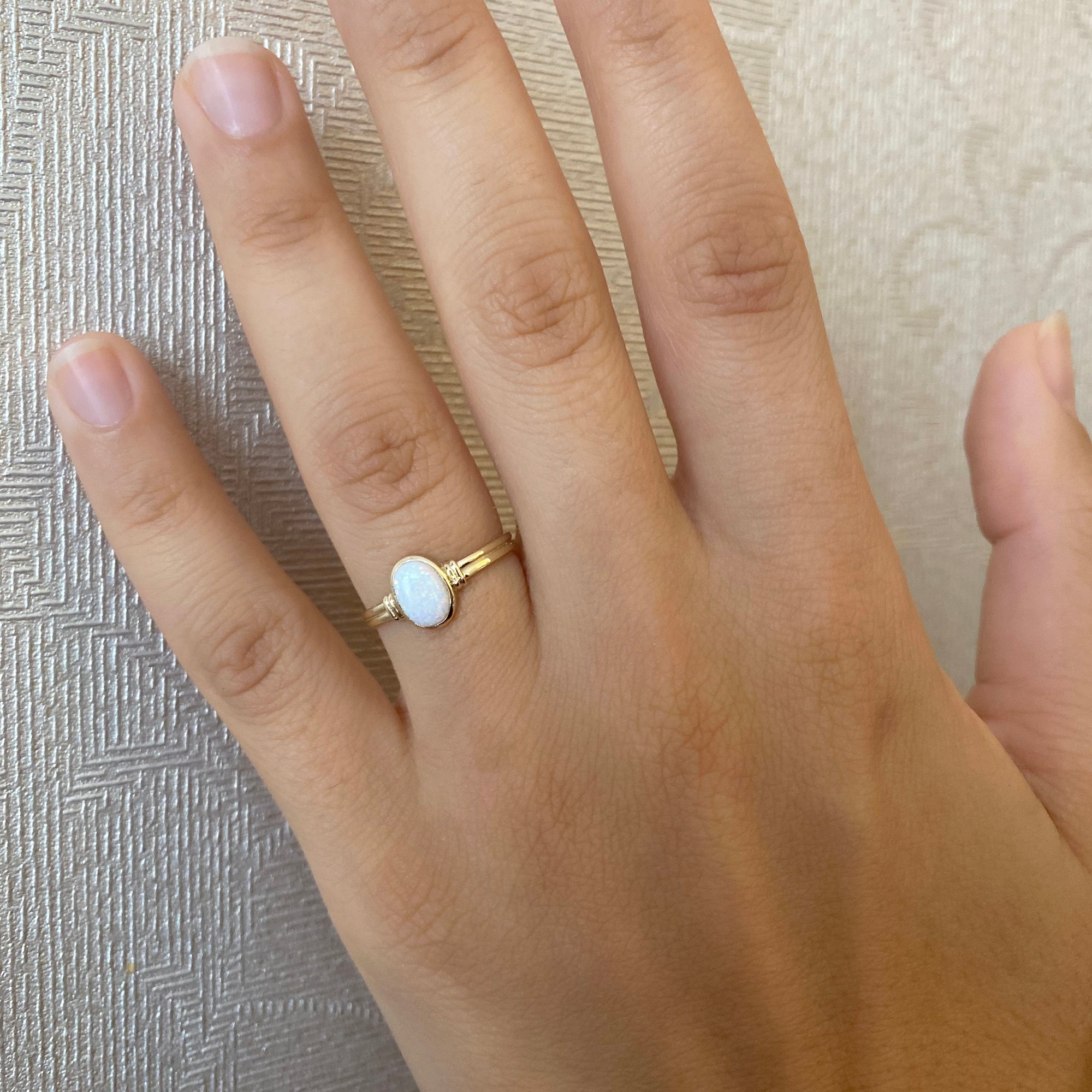 Lab-created oval opal ring in solid 14K & 18K gold — Kavseyn