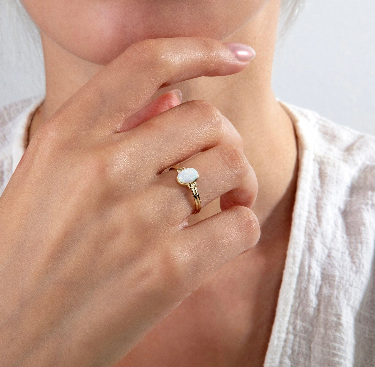Lab-created oval opal ring in solid 14K & 18K gold — Kavseyn