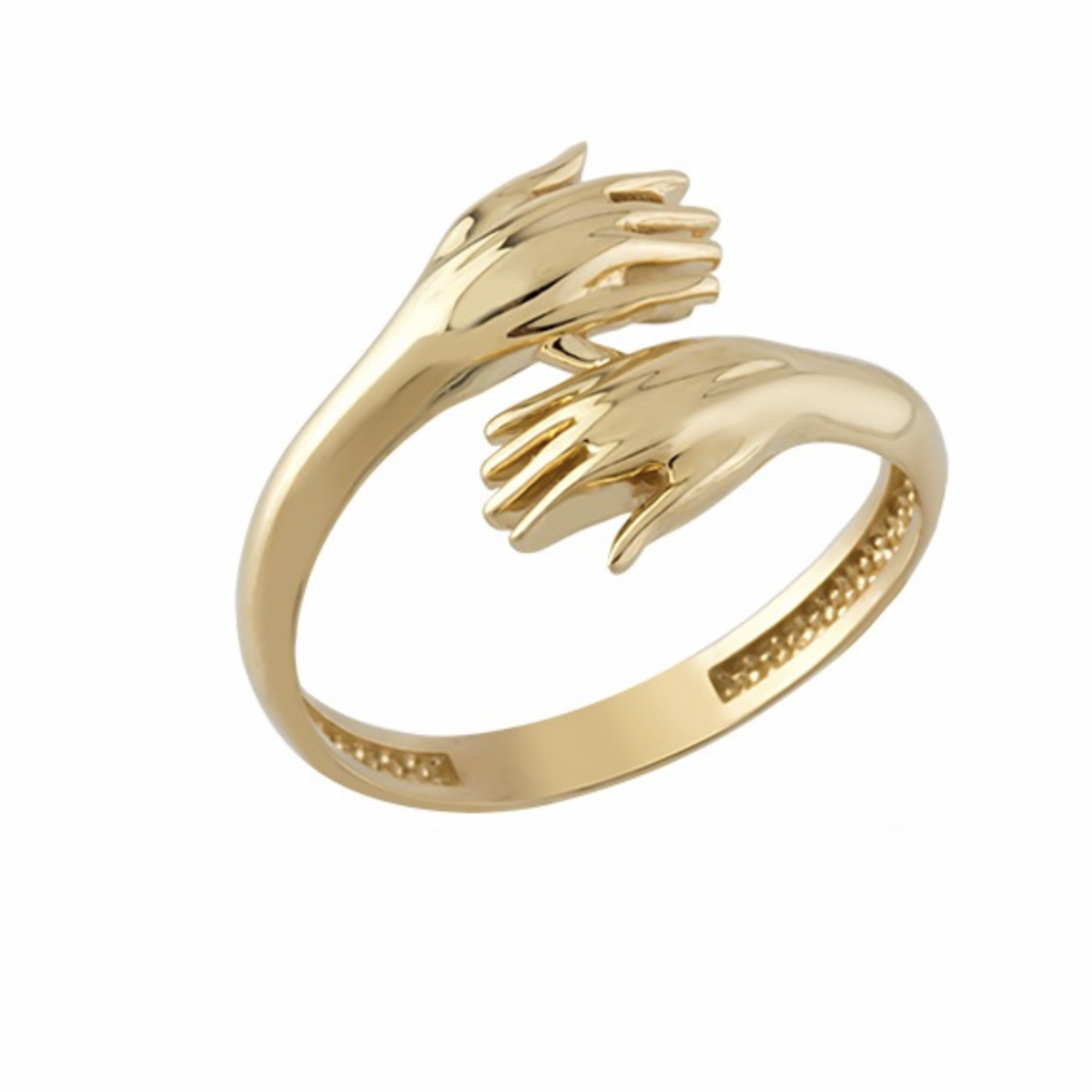 Hug ring with hugging hands motif in solid 14K & 18K gold — Kavseyn