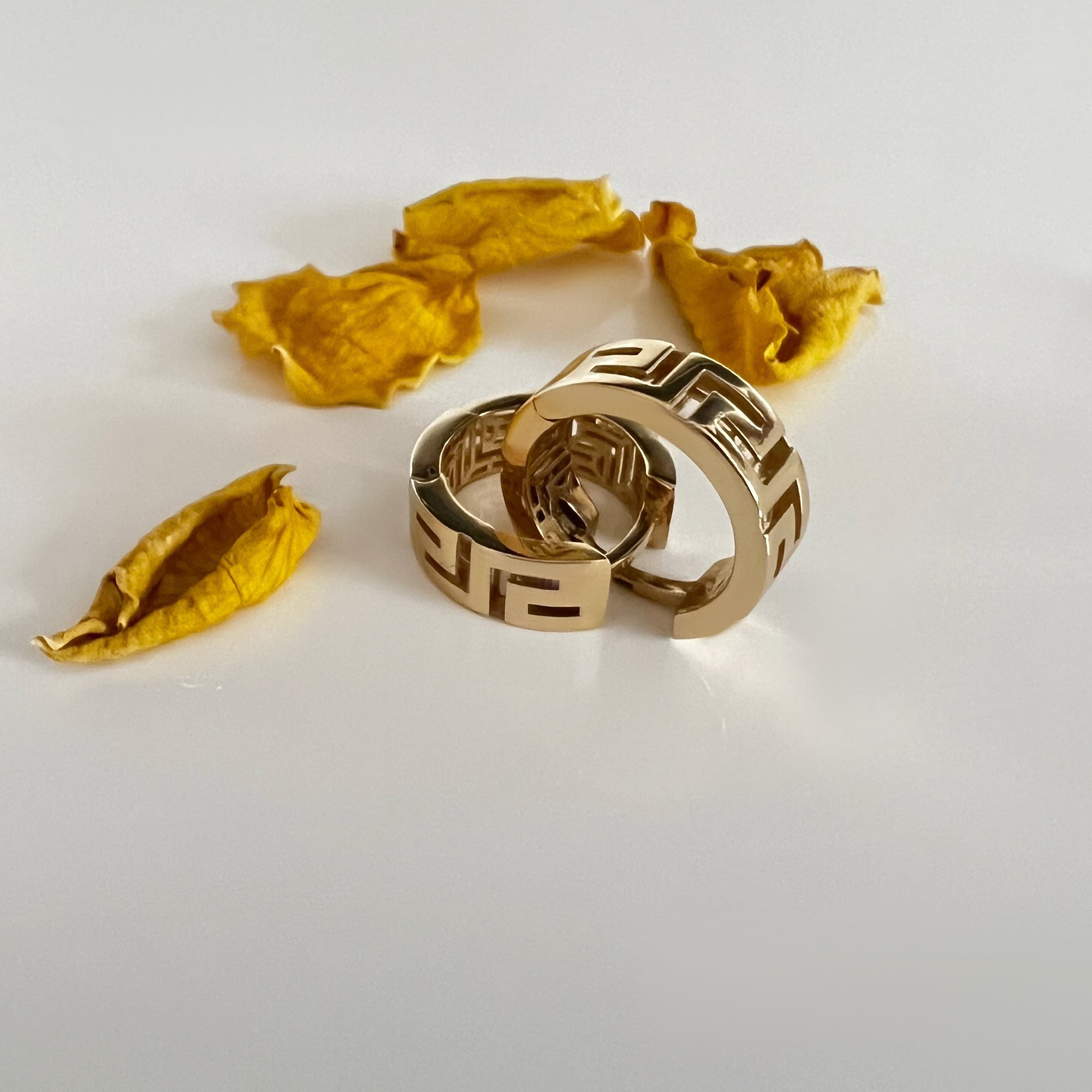 Greek key huggie hoop earrings in solid 14K & 18K gold — Kavseyn