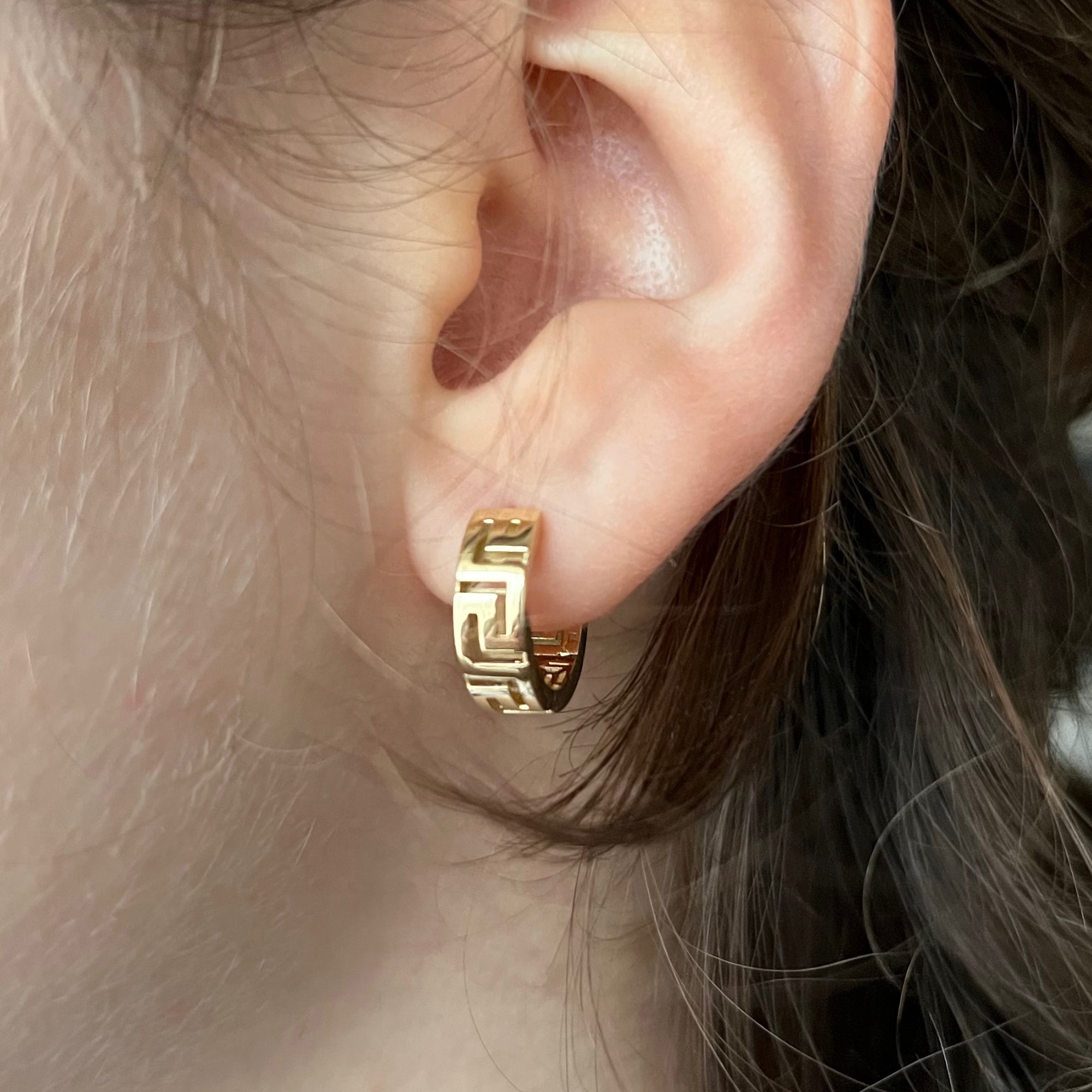 Greek key huggie hoop earrings in solid 14K & 18K gold — Kavseyn