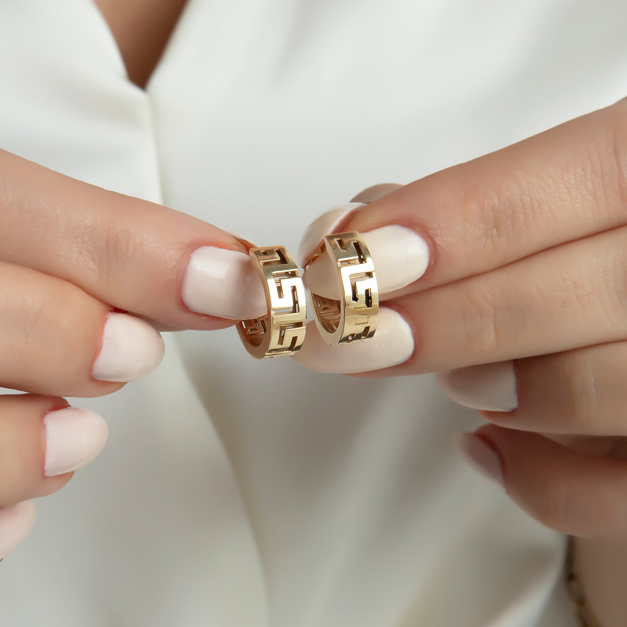 Greek key huggie hoop earrings in solid 14K & 18K gold — Kavseyn