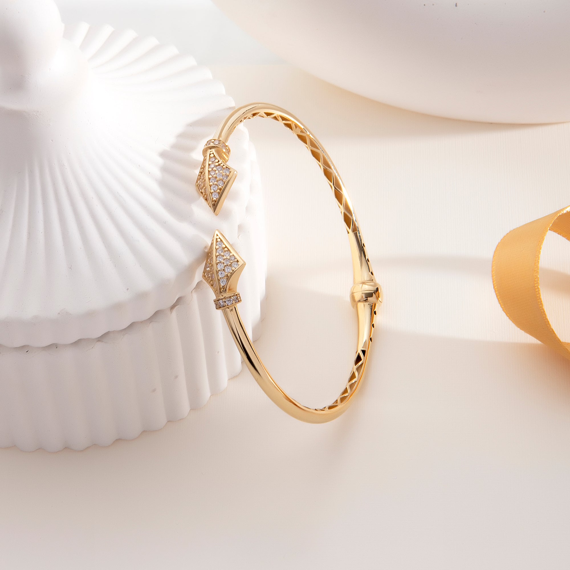 Pavé cubic zirconia arrow cuff bracelet in solid 14K & 18K gold — Kavseyn