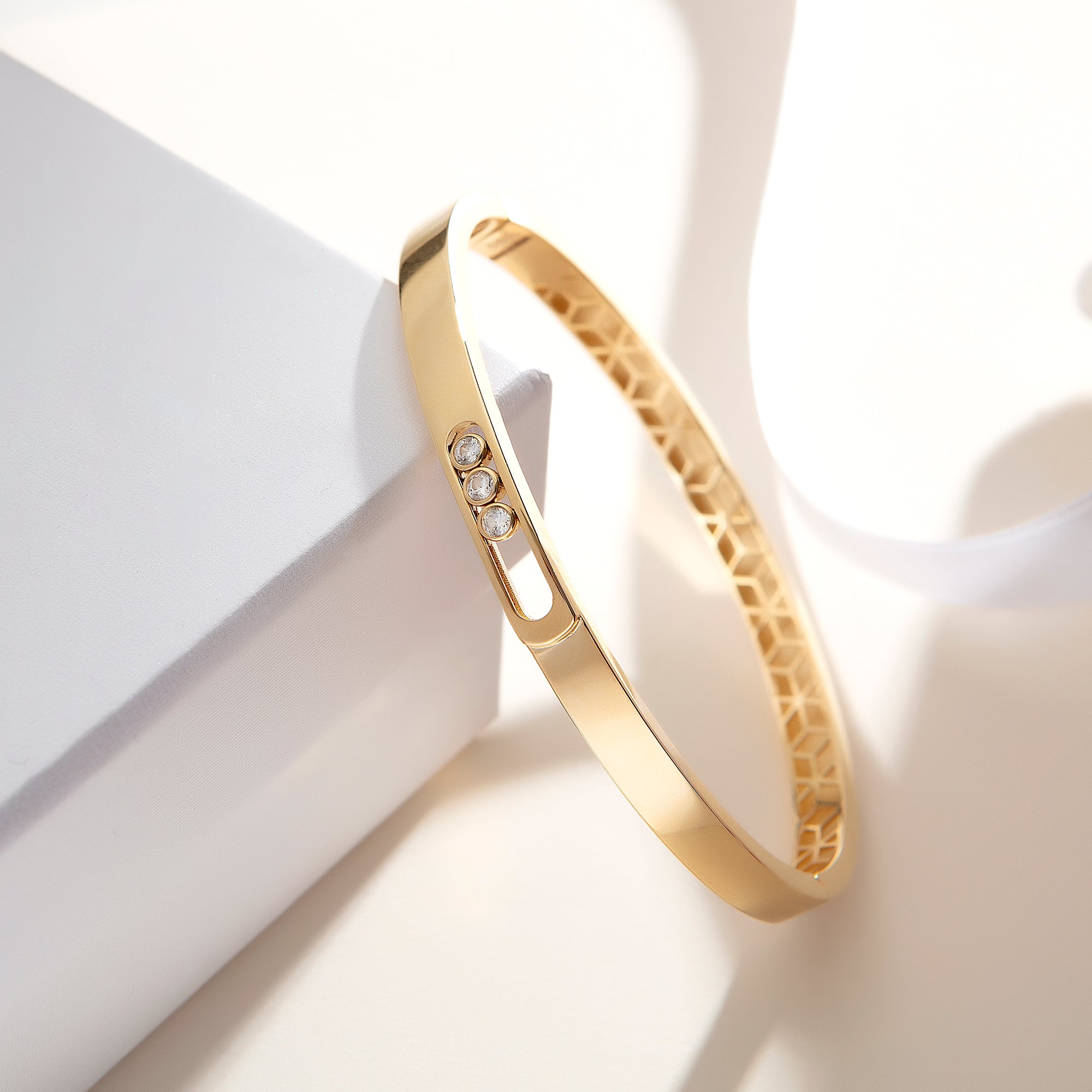 Three Stone Slide Bangle in solid 14K and 18K gold with cubic zirconia — Kavseyn