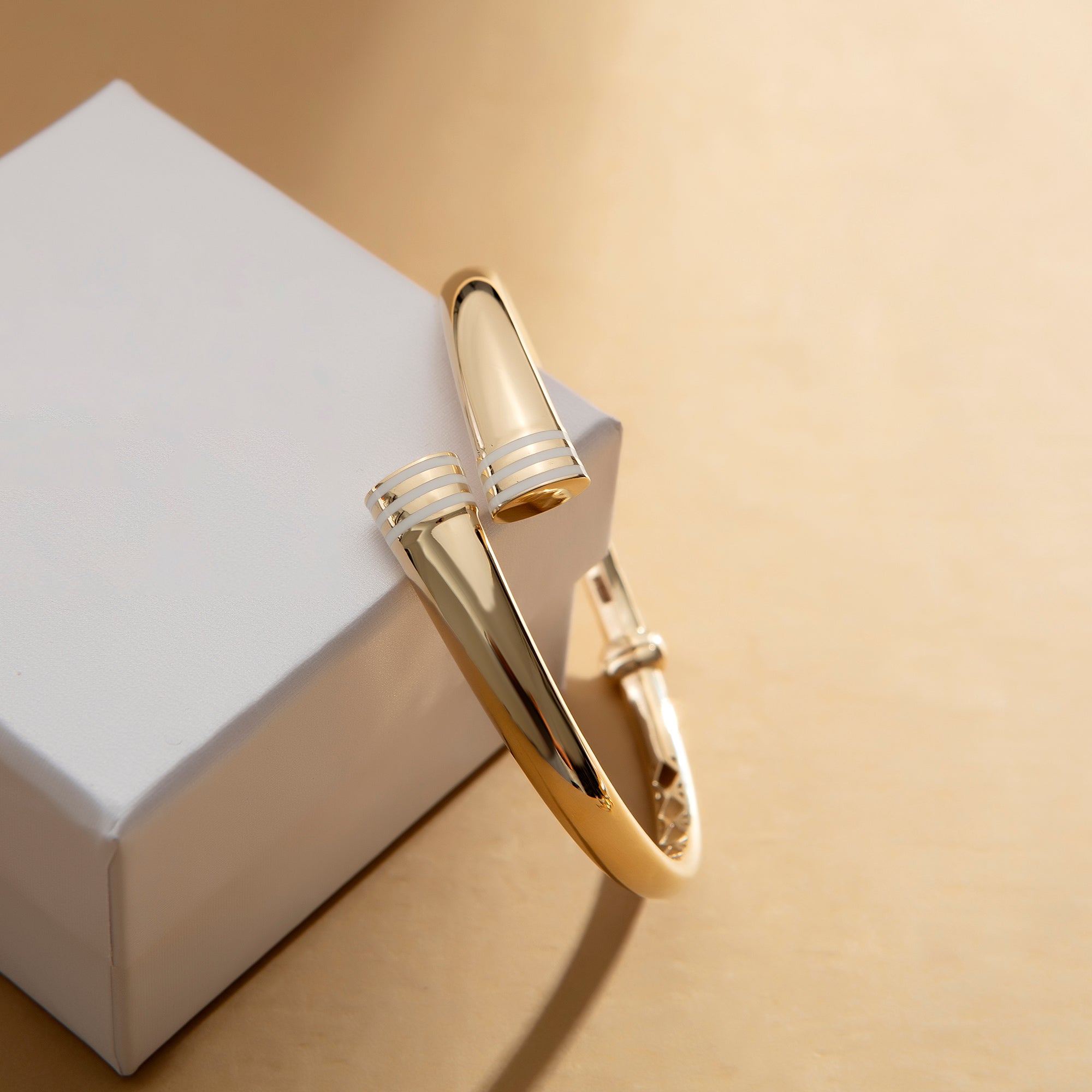 White enamel bypass bangle in solid 14K & 18K gold — Kavseyn