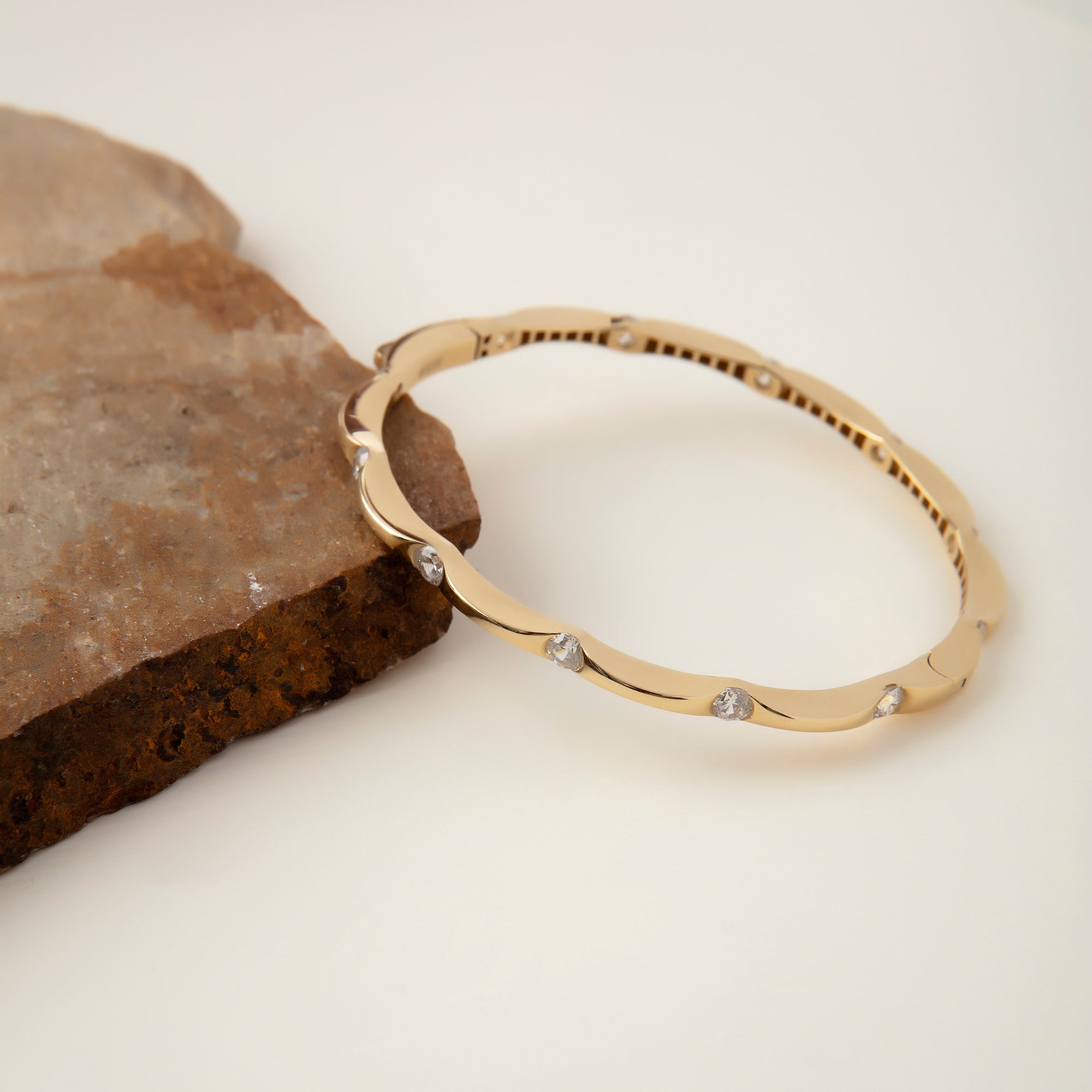 Cubic zirconia station bangle bracelet in solid 14K & 18K gold — Kavseyn