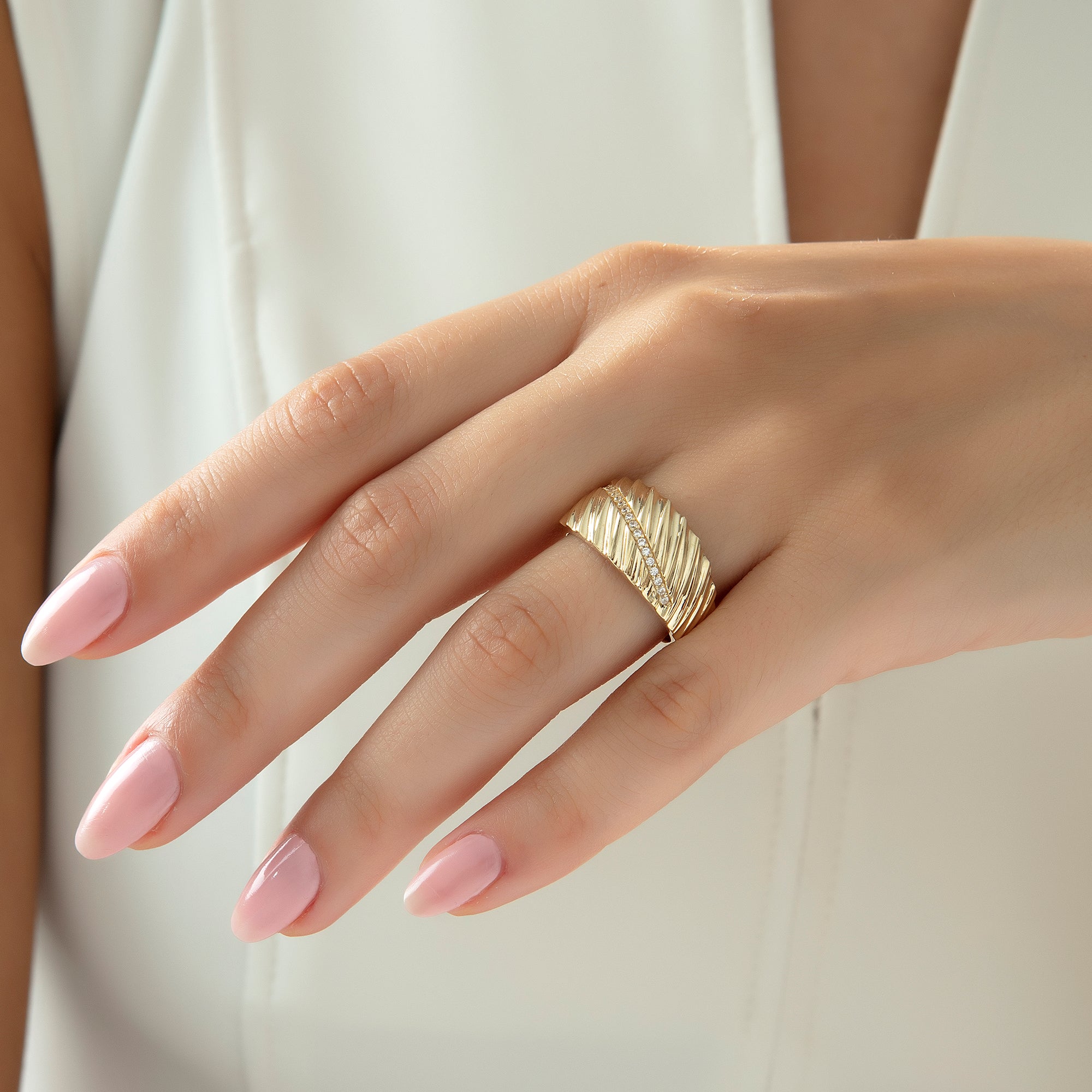 Pavé leaf dome ring alternate angle, solid 14K and 18K gold — Kavseyn