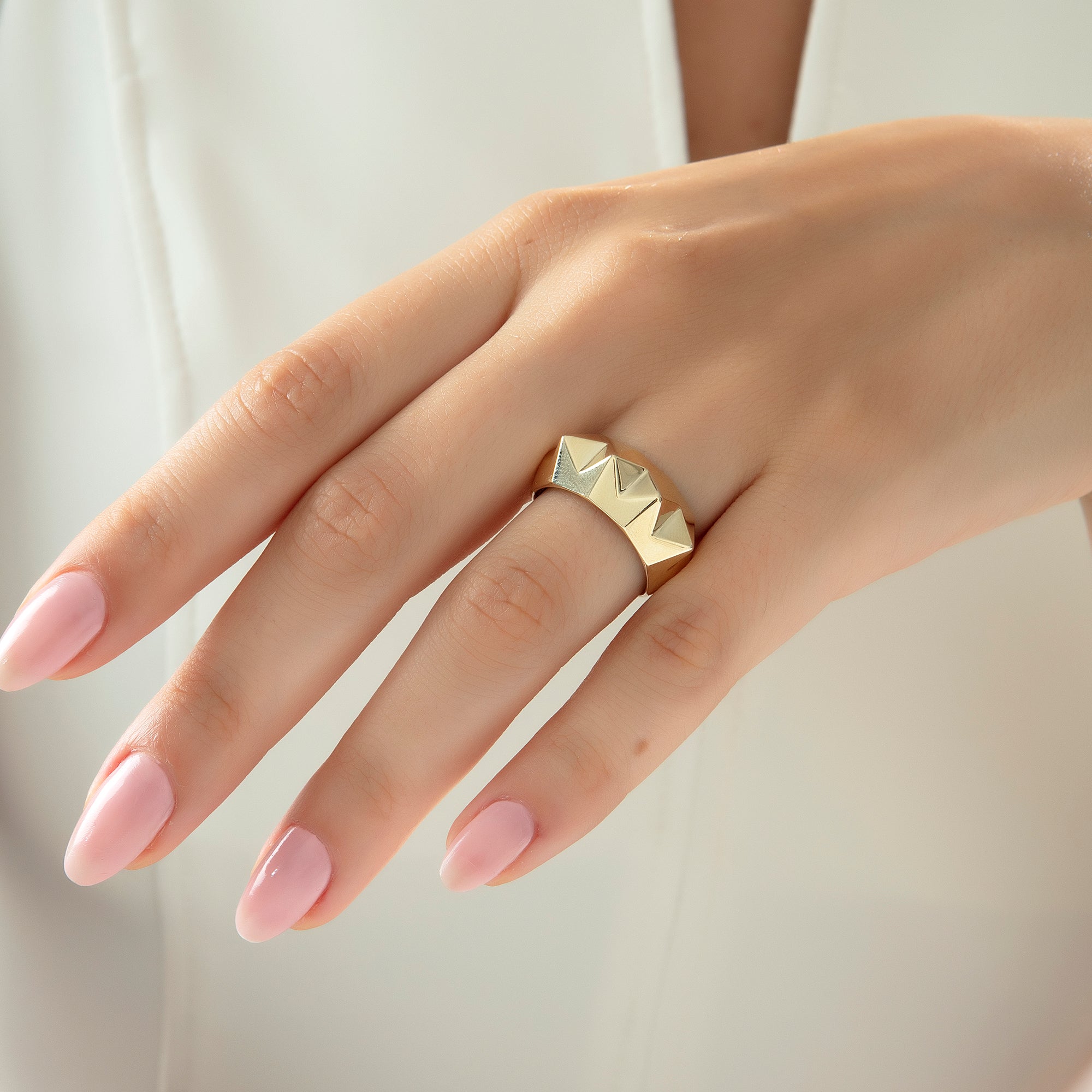 Bold pyramid stud ring alternate angle, solid 14K and 18K gold — Kavseyn