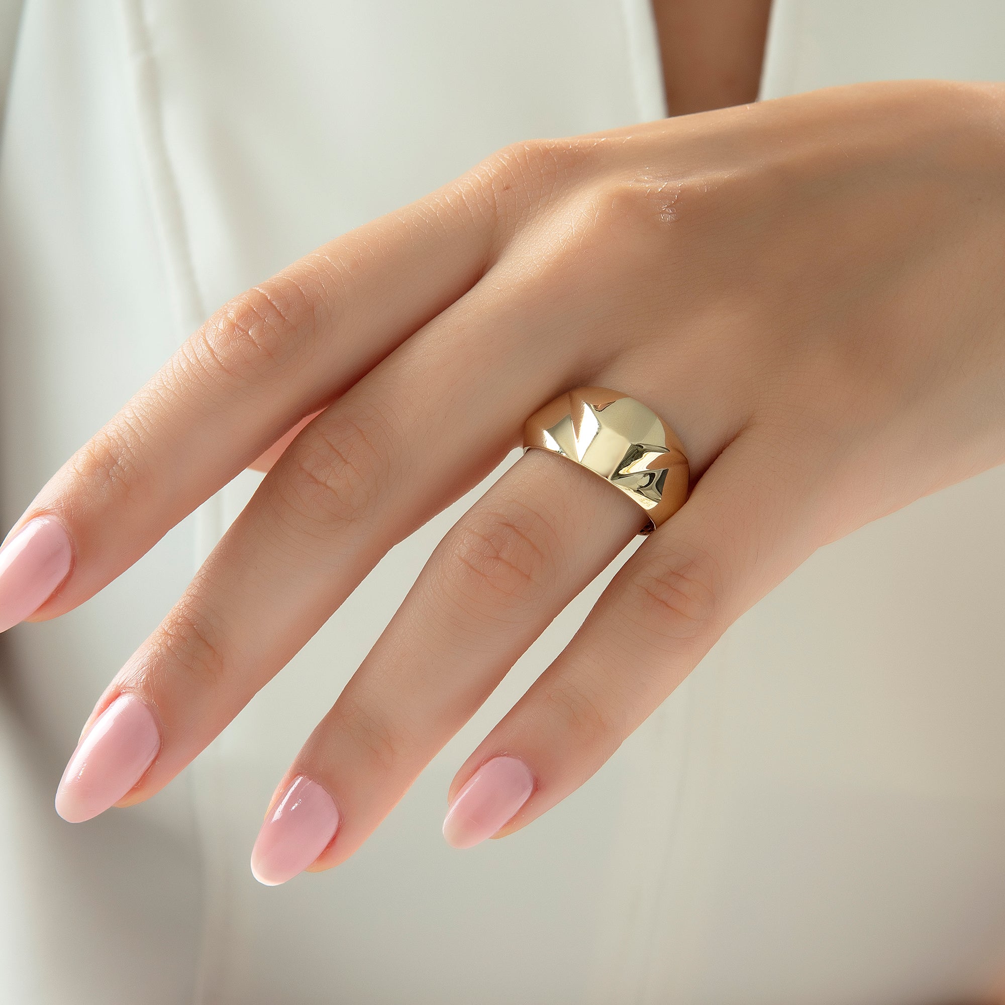 Mirror-polished gold dome ring, detail view — Kavseyn