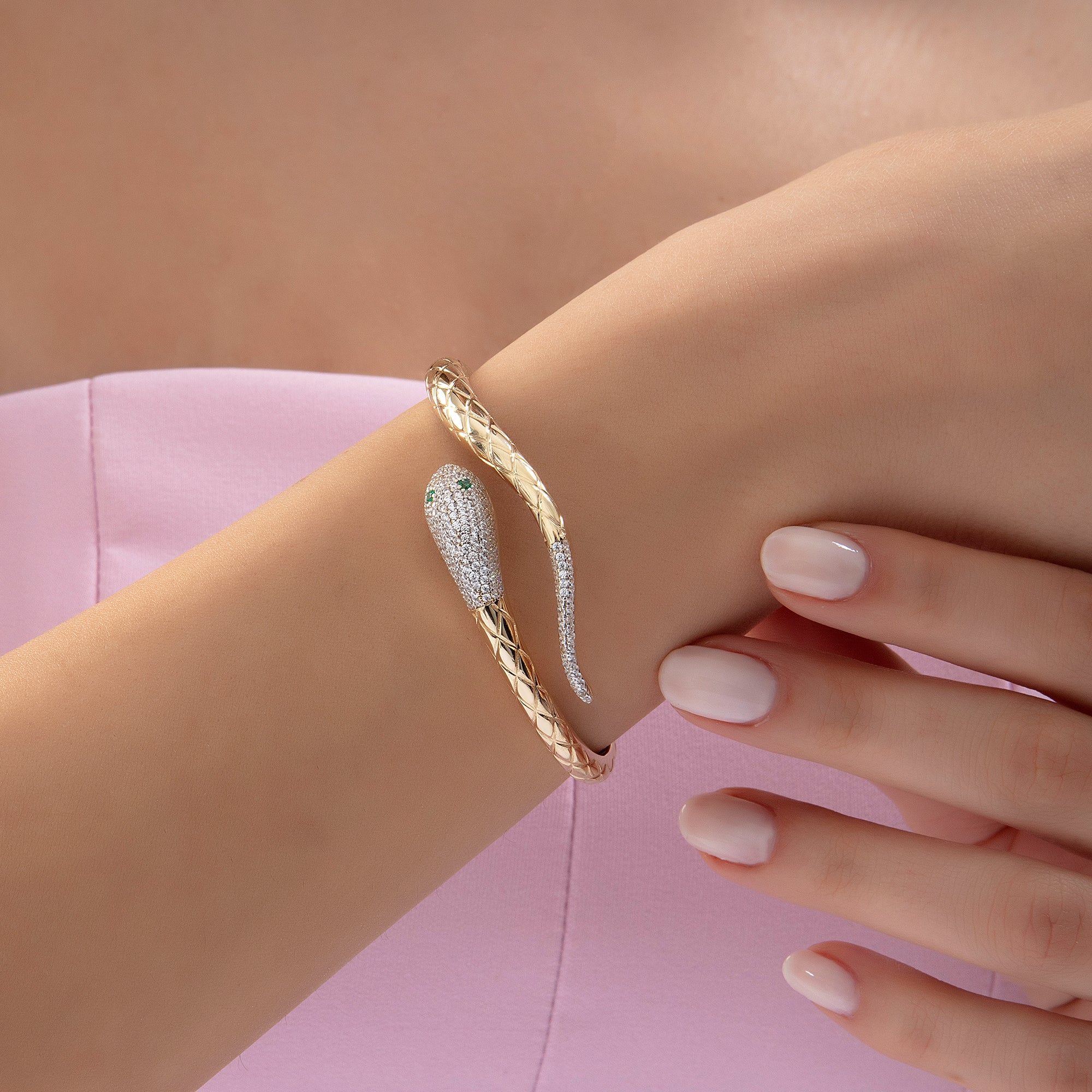 Pavé cubic zirconia snake bangle bracelet in solid 14K & 18K gold — Kavseyn