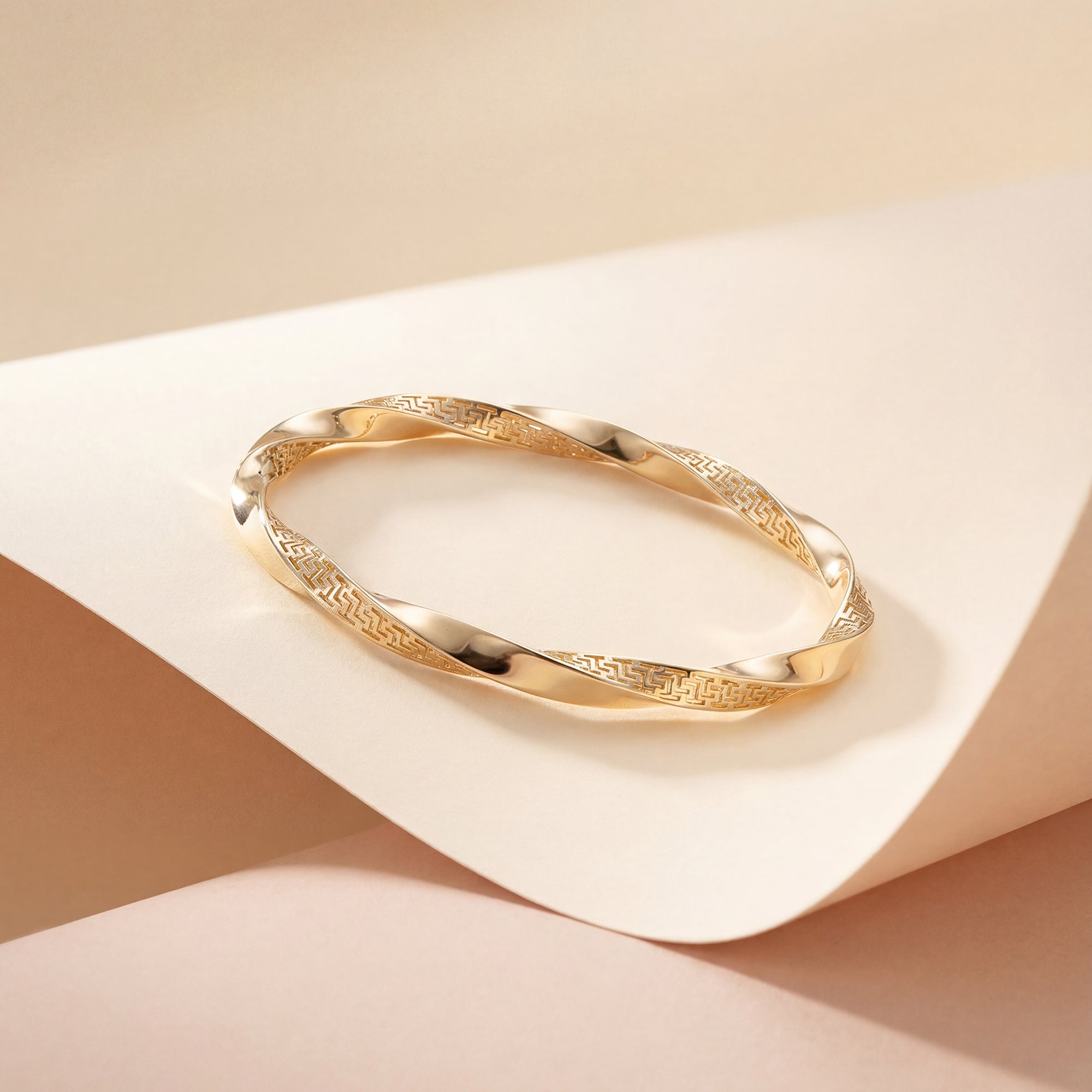 Twisted Greek key bangle bracelet in solid 14K & 18K gold — Kavseyn