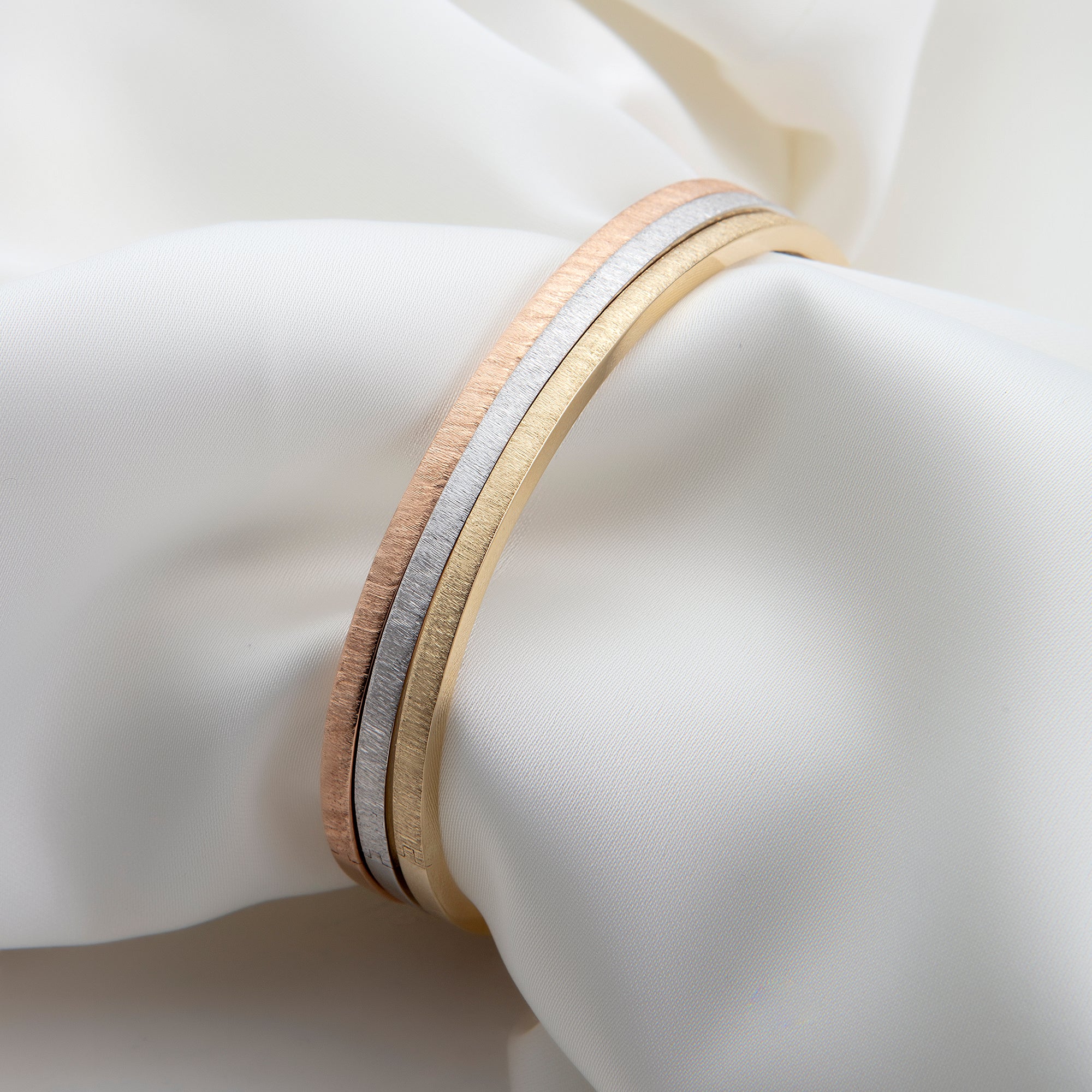 Brushed satin finish bangle bracelet in solid 14K & 18K gold — Kavseyn