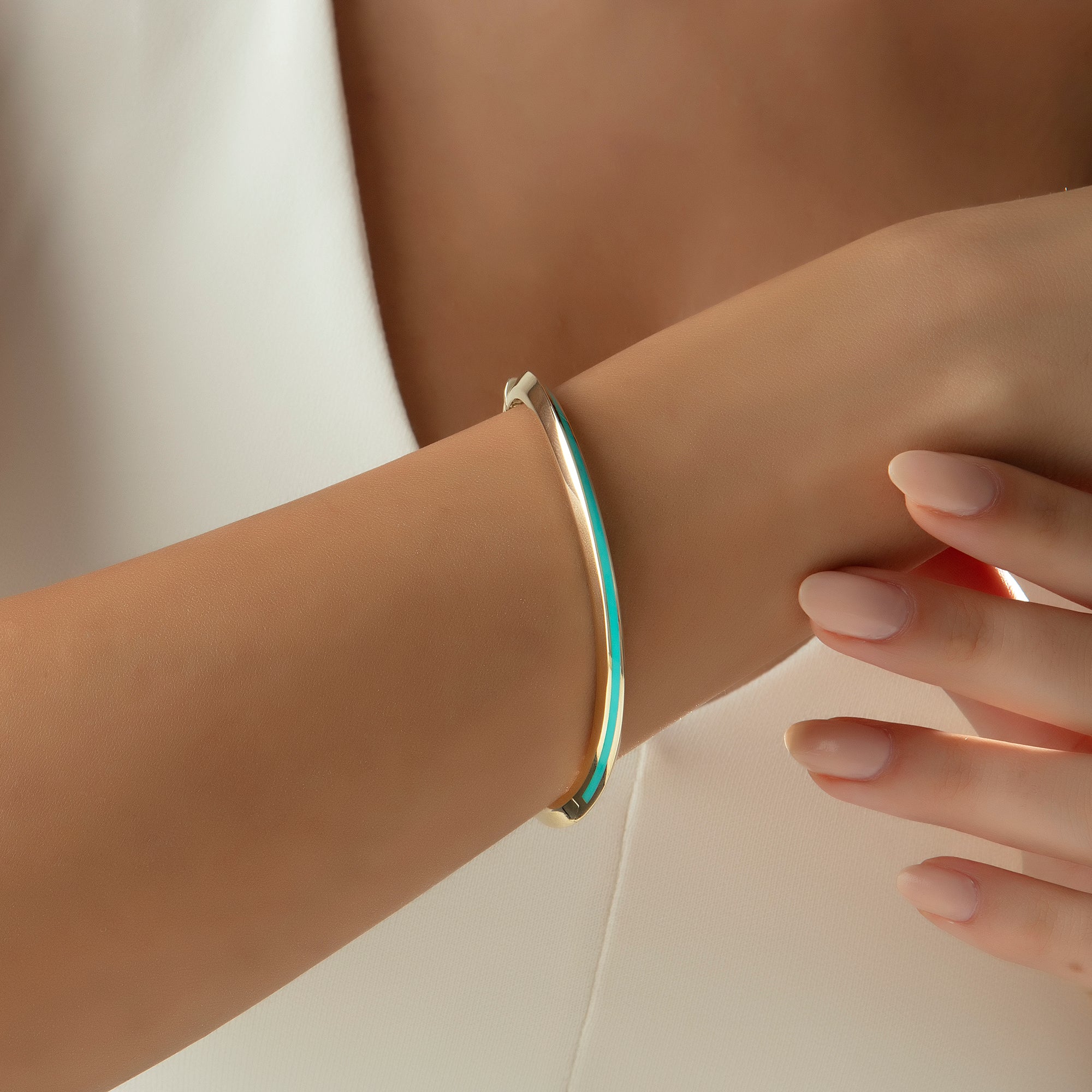 Turquoise enamel bangle bracelet in solid 14K & 18K gold — Kavseyn