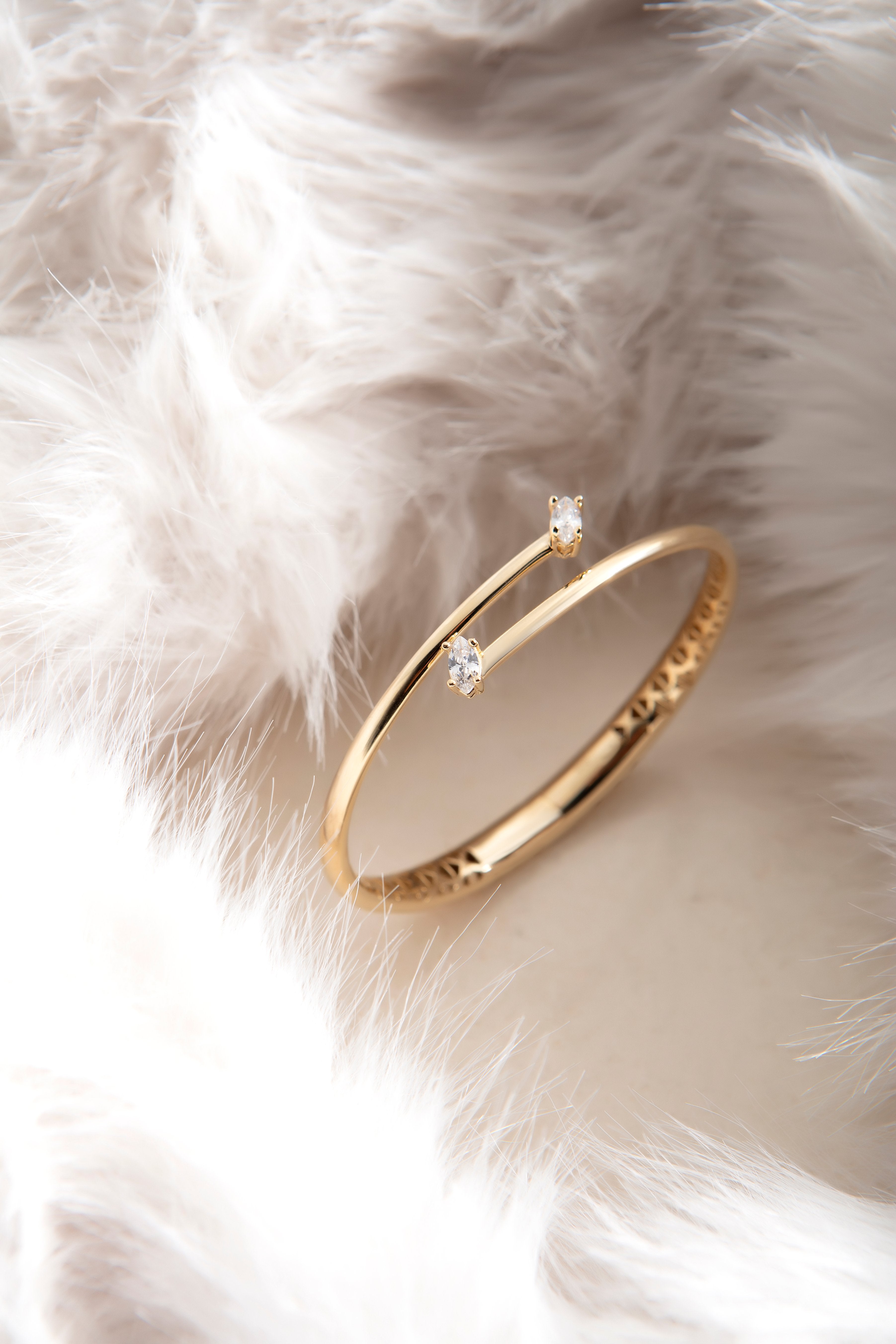 Two stone cubic zirconia bypass bangle in solid 14K & 18K gold — Kavseyn