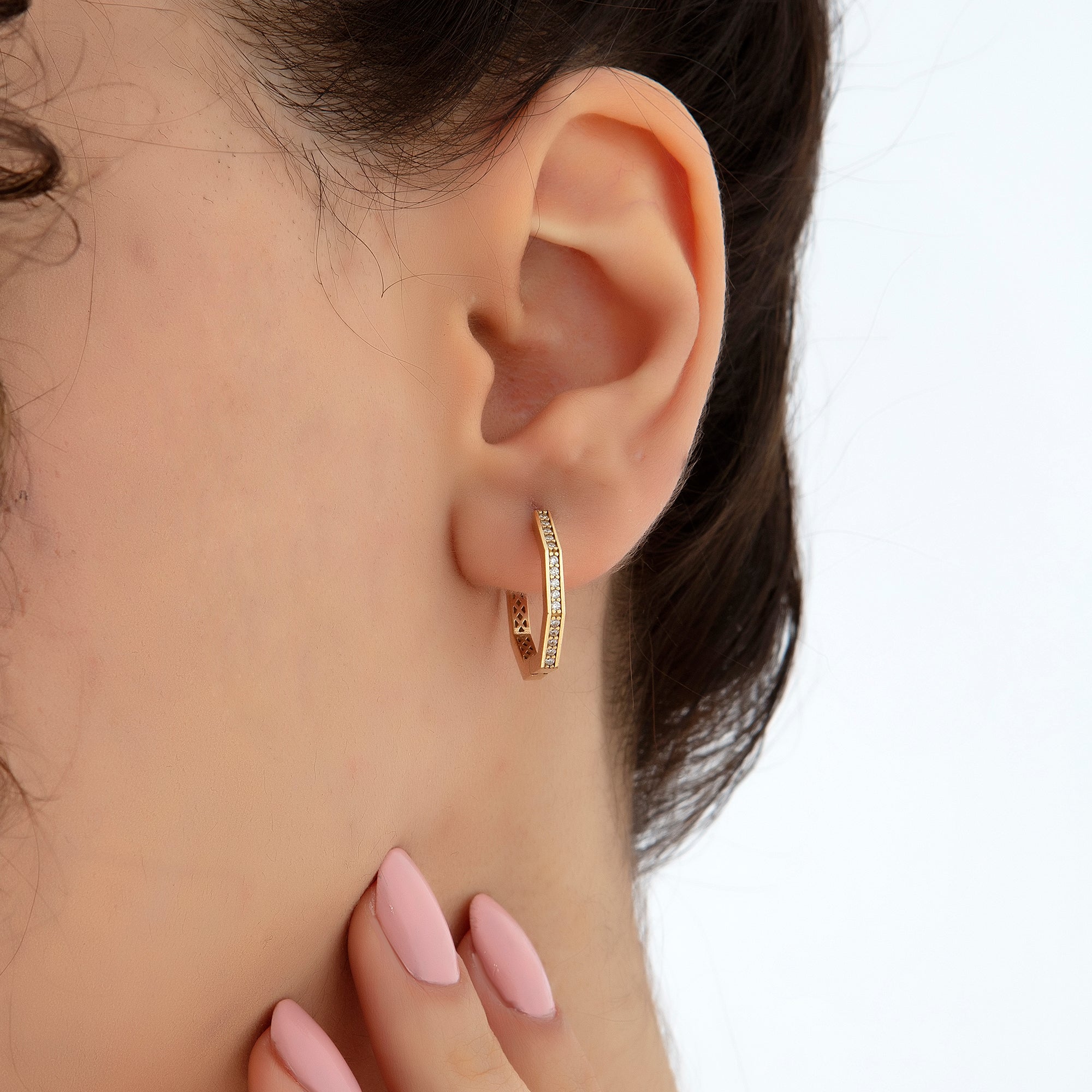 Pavé cubic zirconia octagon hoop earrings in solid 14K & 18K gold — Kavseyn
