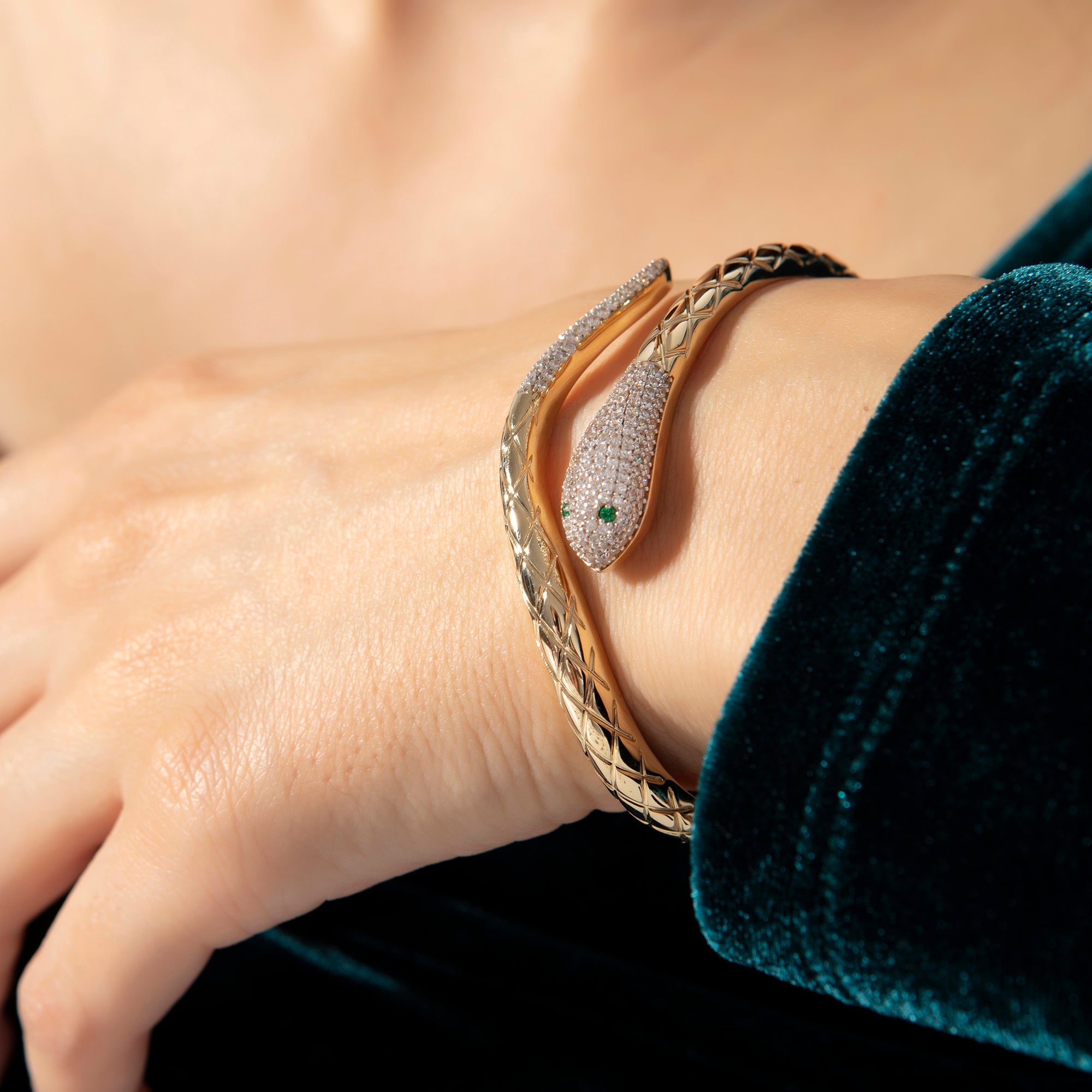 Pavé cubic zirconia snake bangle bracelet in solid 14K & 18K gold — Kavseyn