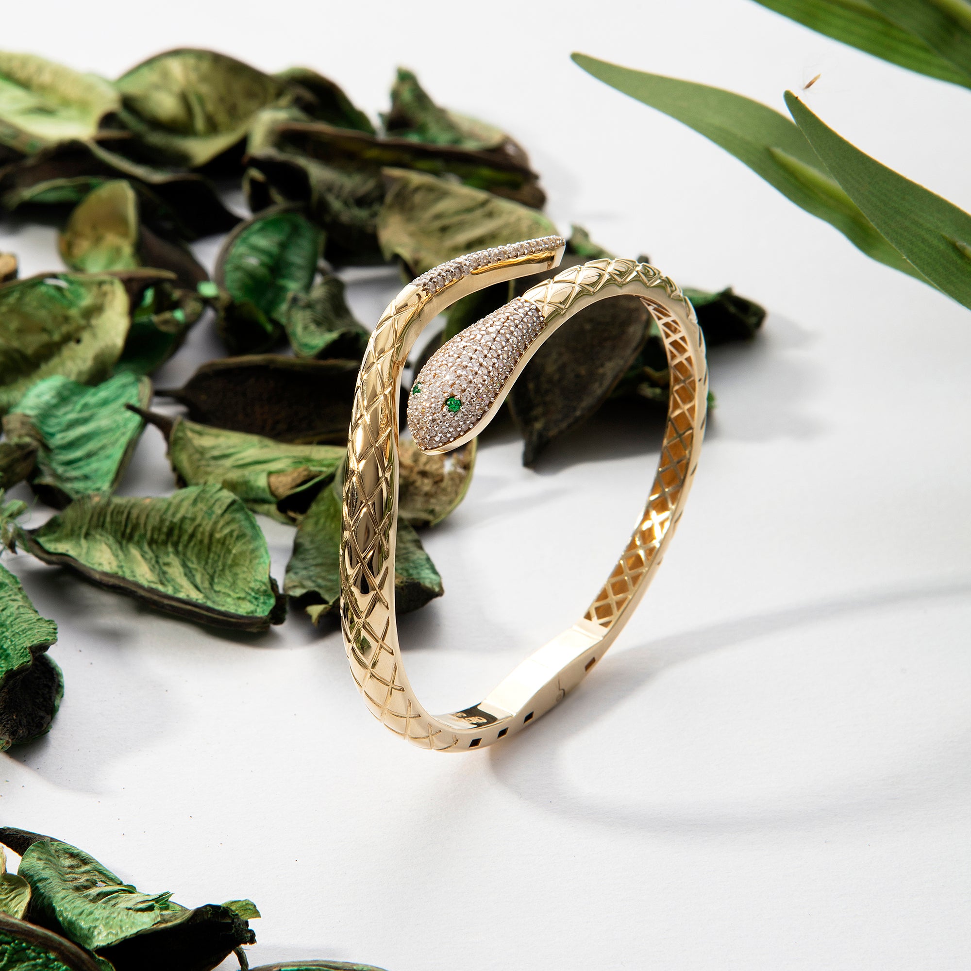 Pavé cubic zirconia snake bangle bracelet in solid 14K & 18K gold — Kavseyn