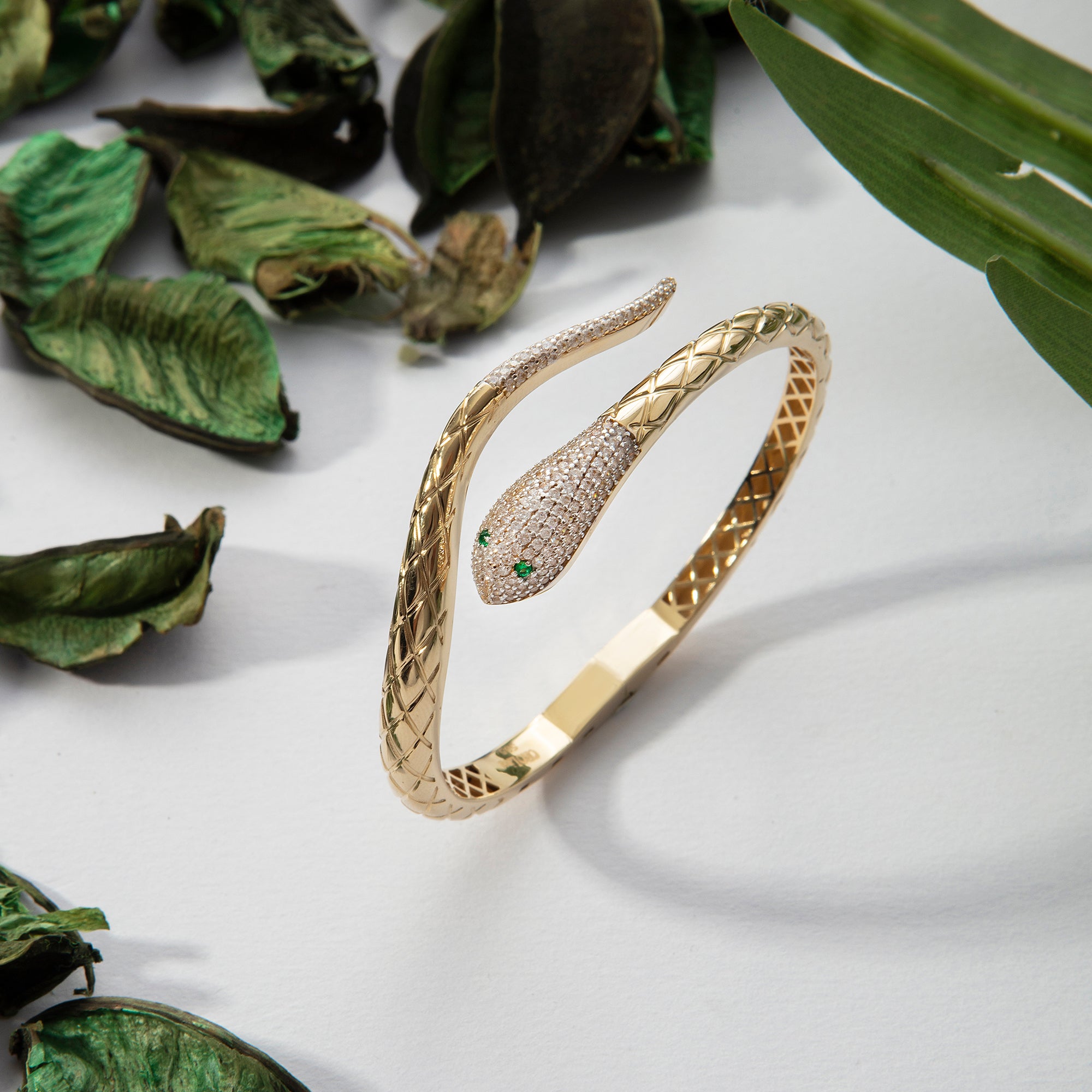 Pavé cubic zirconia snake bangle bracelet in solid 14K & 18K gold — Kavseyn
