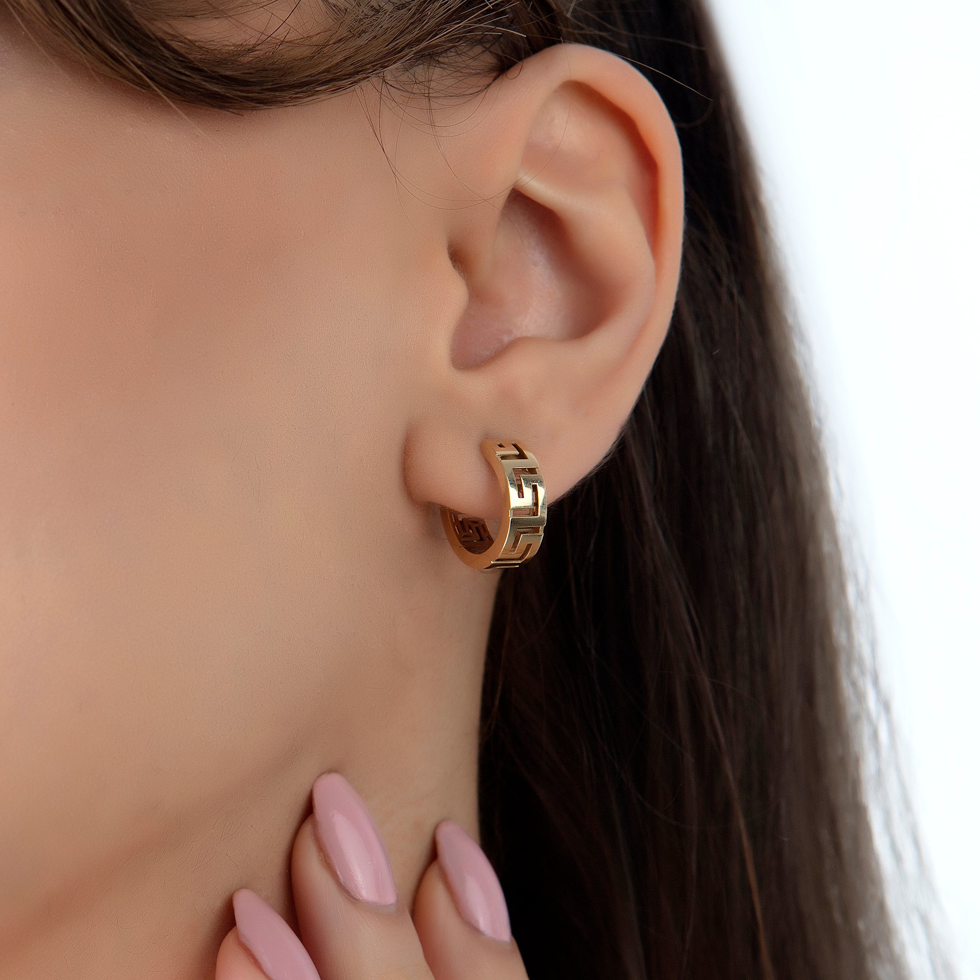 Greek key huggie hoop earrings in solid 14K & 18K gold — Kavseyn
