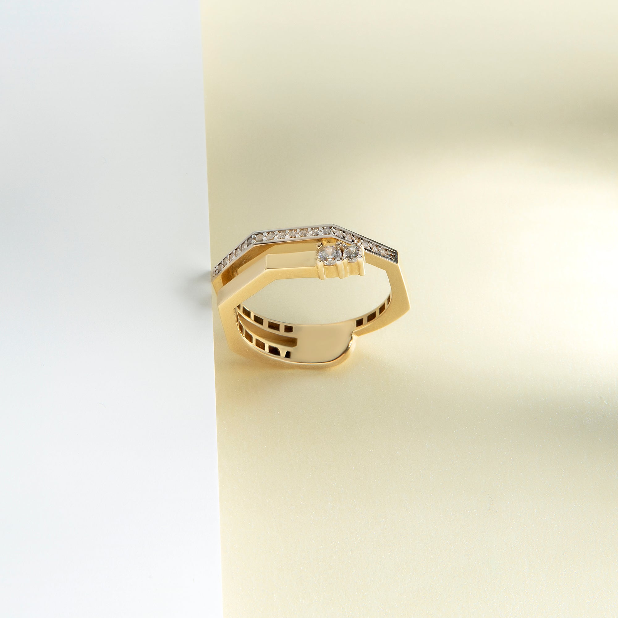 Pavé cubic zirconia double band ring in solid 14K & 18K gold — Kavseyn