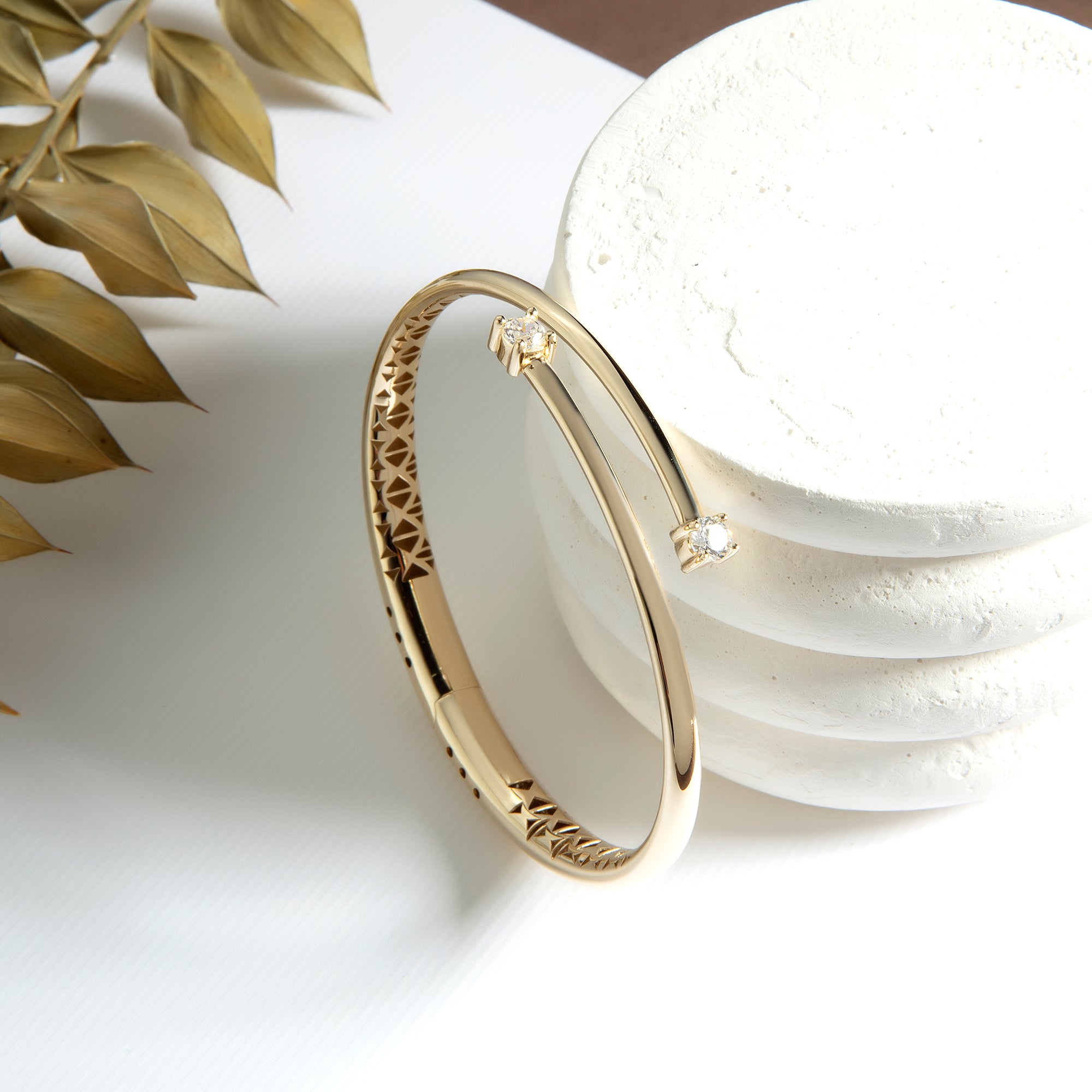 Two stone cubic zirconia bypass bangle in solid 14K & 18K gold — Kavseyn
