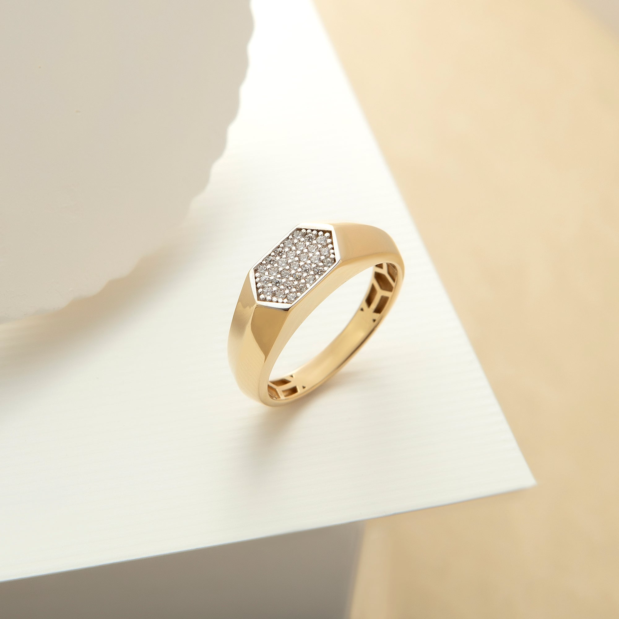 Pavé cubic zirconia hexagon signet ring in solid 14K & 18K gold — Kavseyn