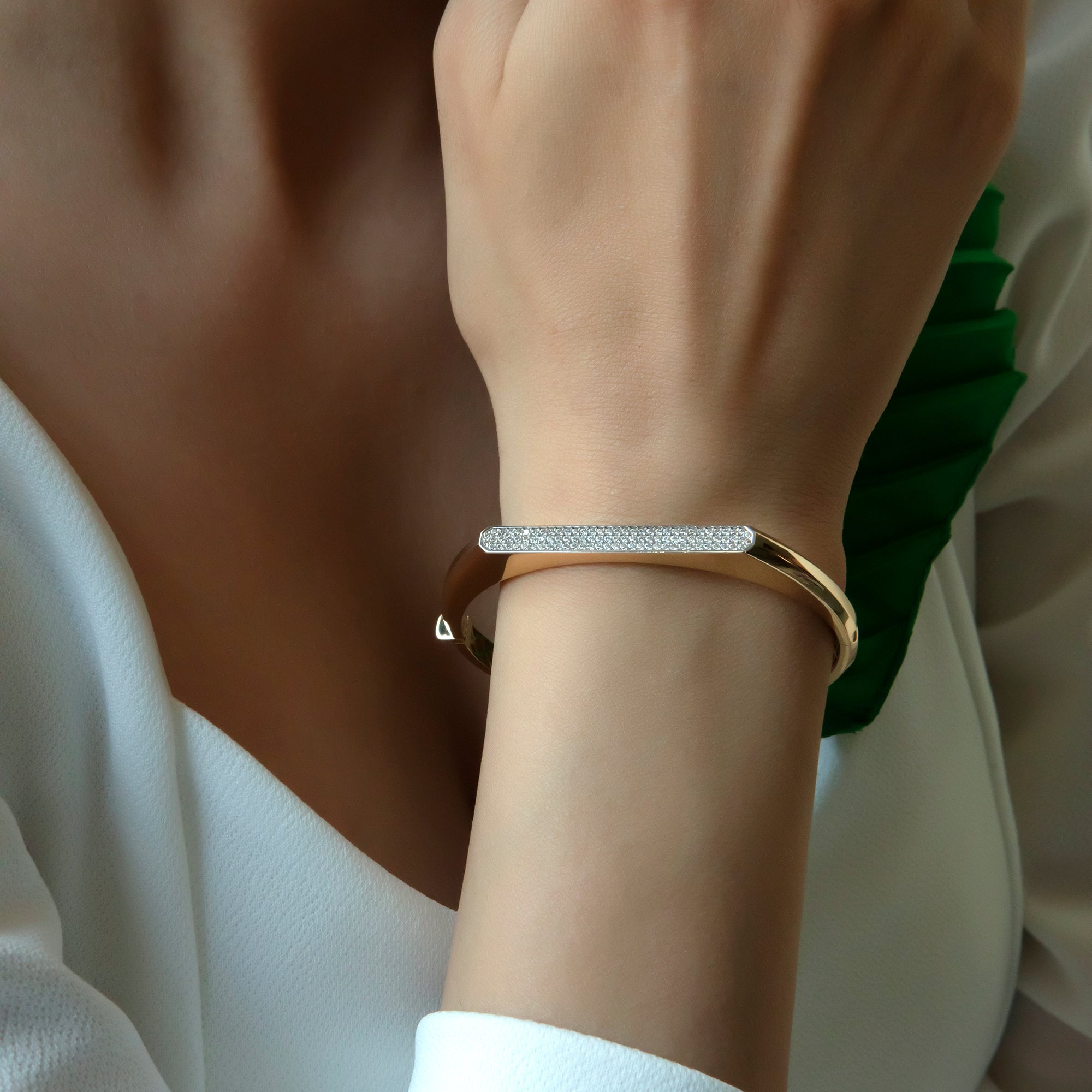Pavé cubic zirconia bar bangle bracelet in solid 14K & 18K gold — Kavseyn