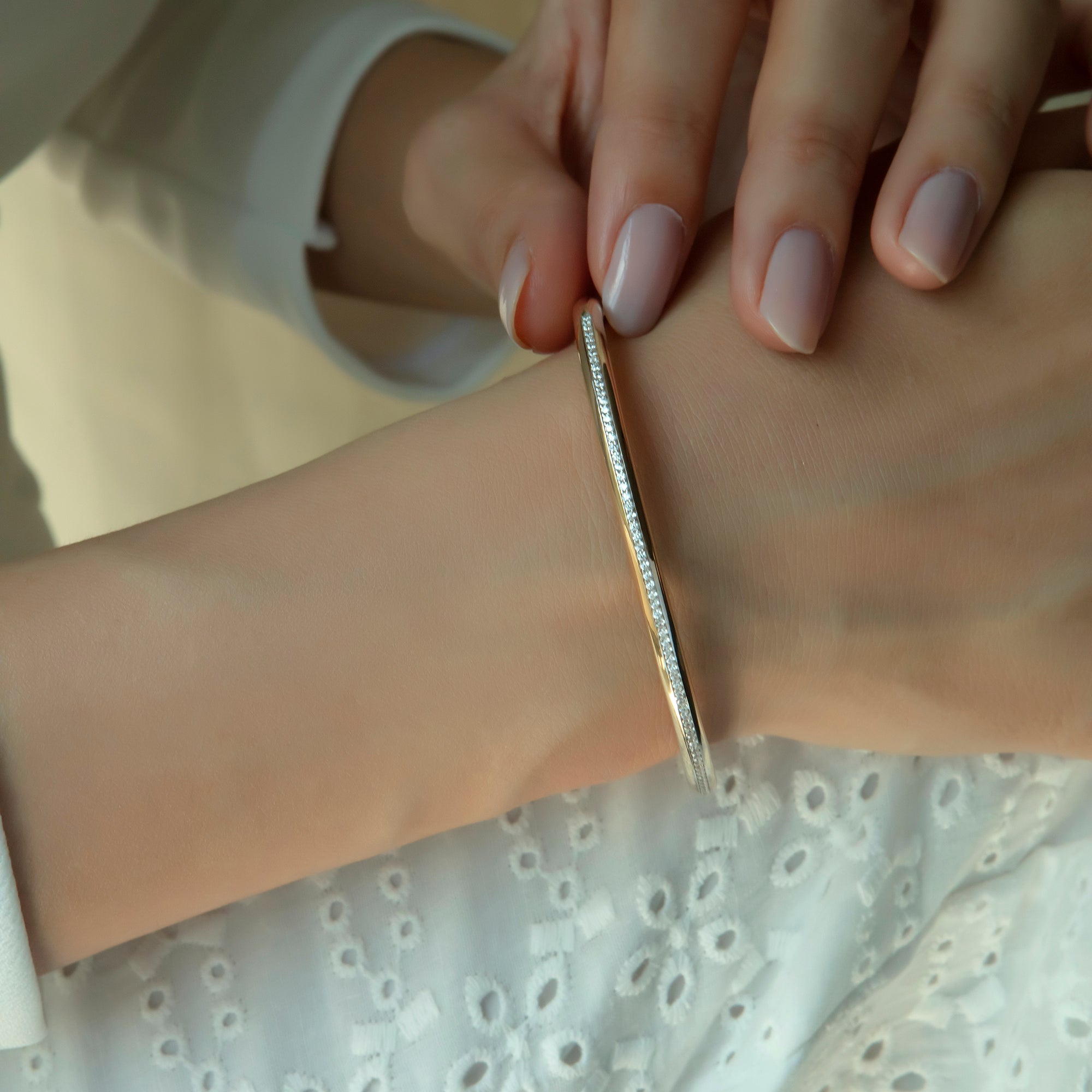 Pavé cubic zirconia eternity bangle bracelet in solid 14K & 18K gold — Kavseyn