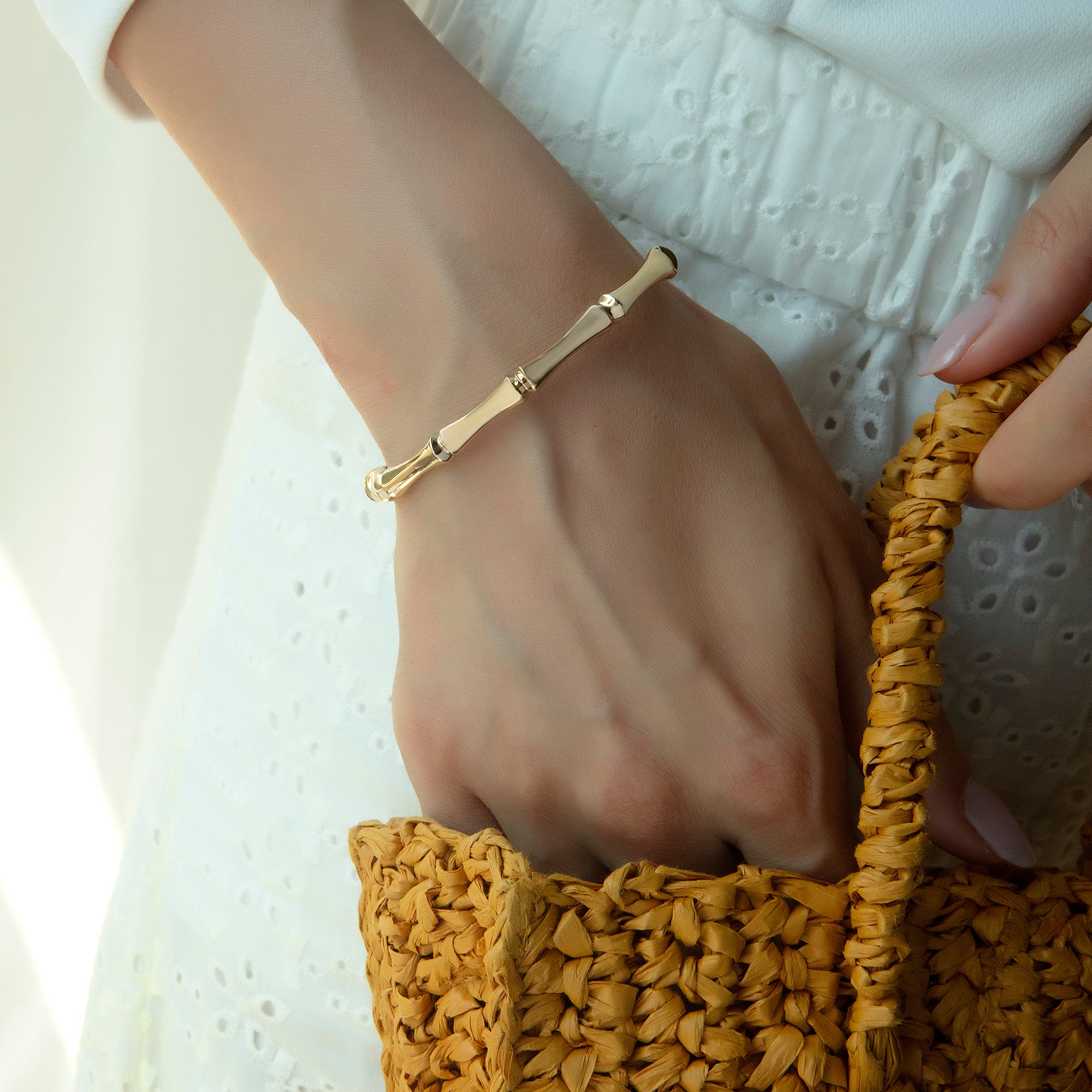 Bamboo-link bangle bracelet in solid 14K & 18K gold — Kavseyn