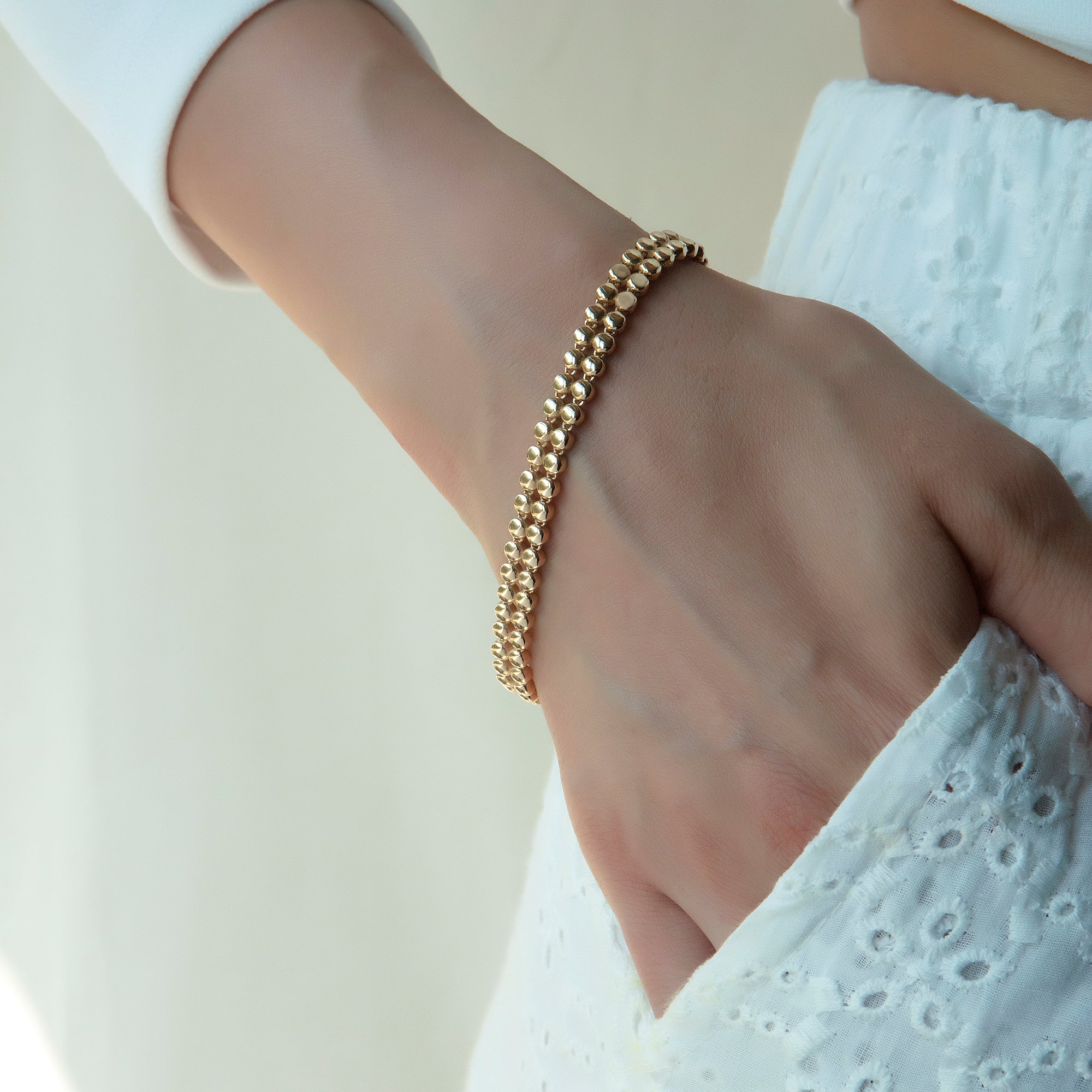 Beaded tennis bracelet in solid 14K & 18K gold — Kavseyn