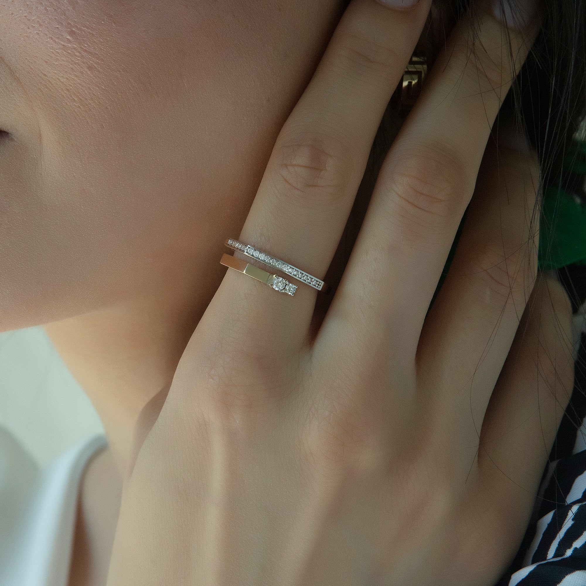 Pavé cubic zirconia double band ring in solid 14K & 18K gold — Kavseyn
