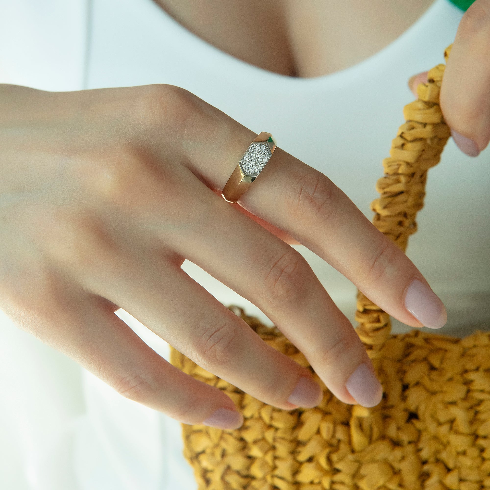 Pavé cubic zirconia hexagon signet ring in solid 14K & 18K gold — Kavseyn